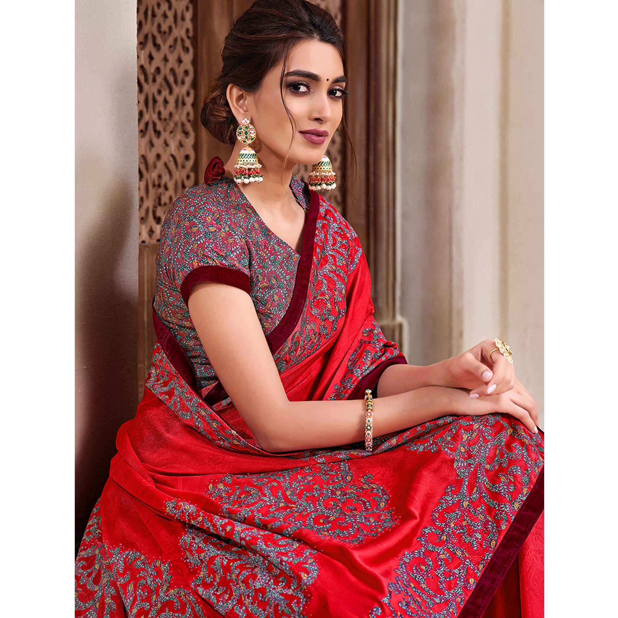 Red Partywear Printed Georgette Saree - Peachmode