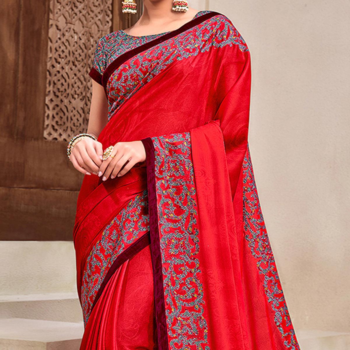 Red Partywear Printed Georgette Saree - Peachmode