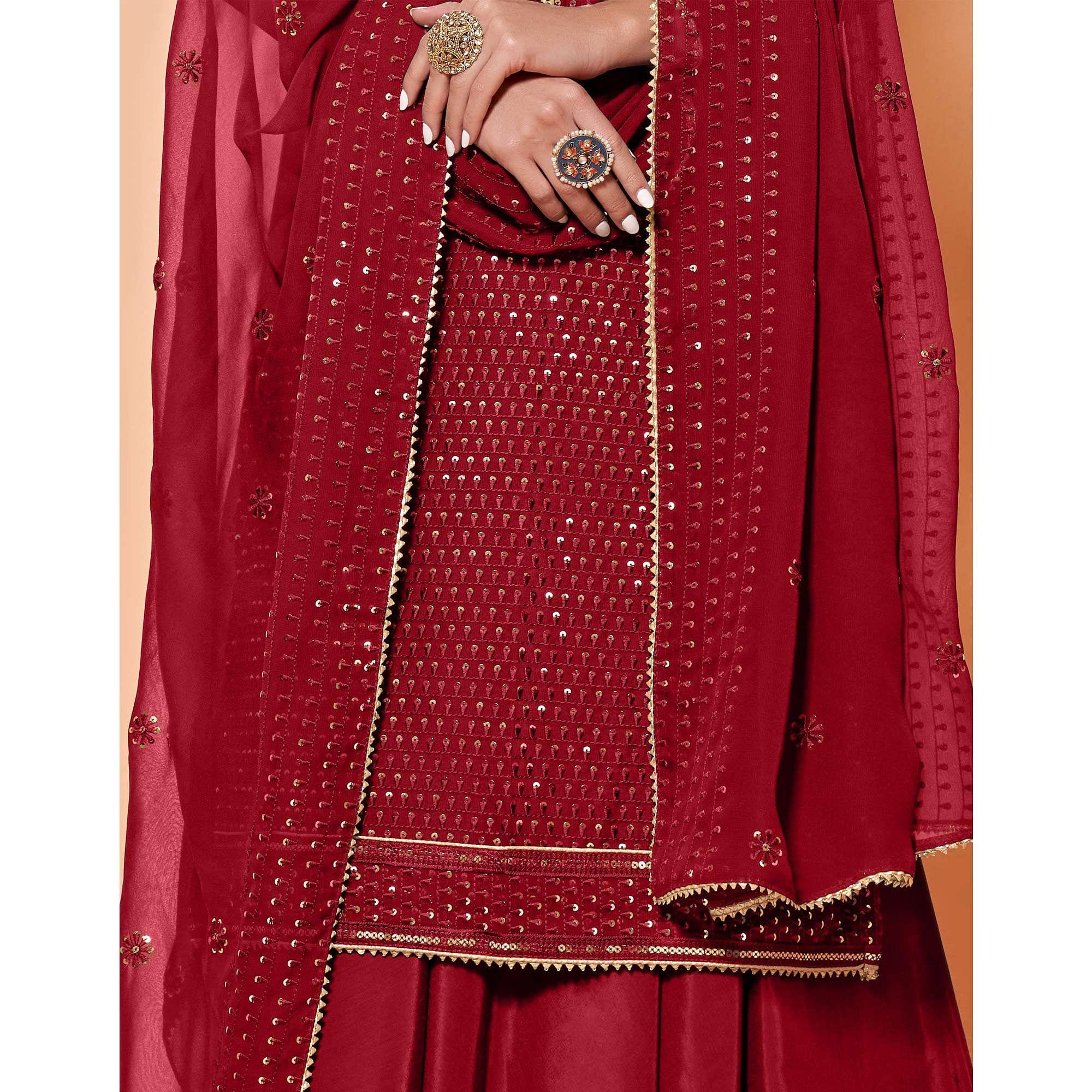 Red Partywear Sequence & Thread Embroidered Pure Georgette Palazzo Suit - Peachmode