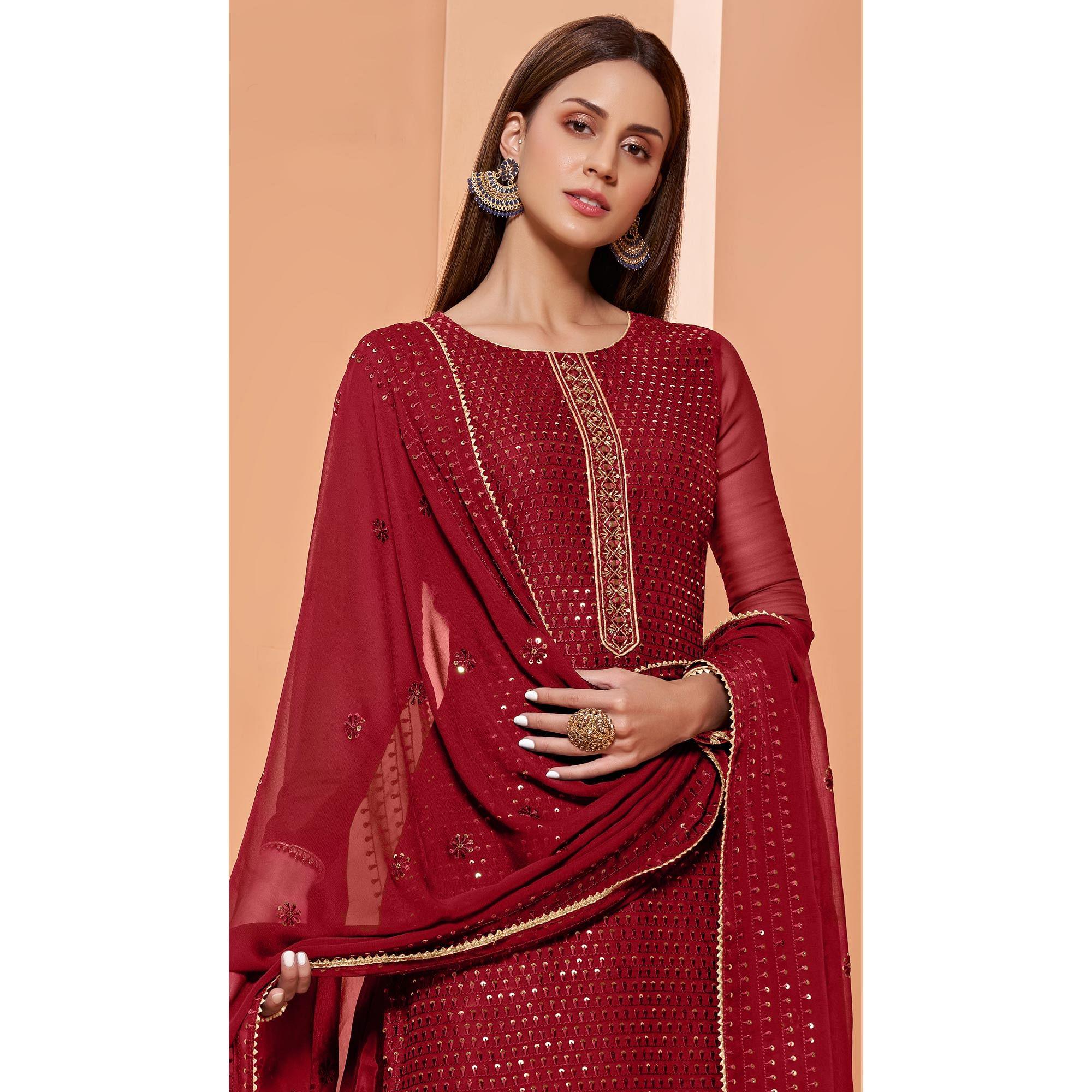 Red Partywear Sequence & Thread Embroidered Pure Georgette Palazzo Suit - Peachmode