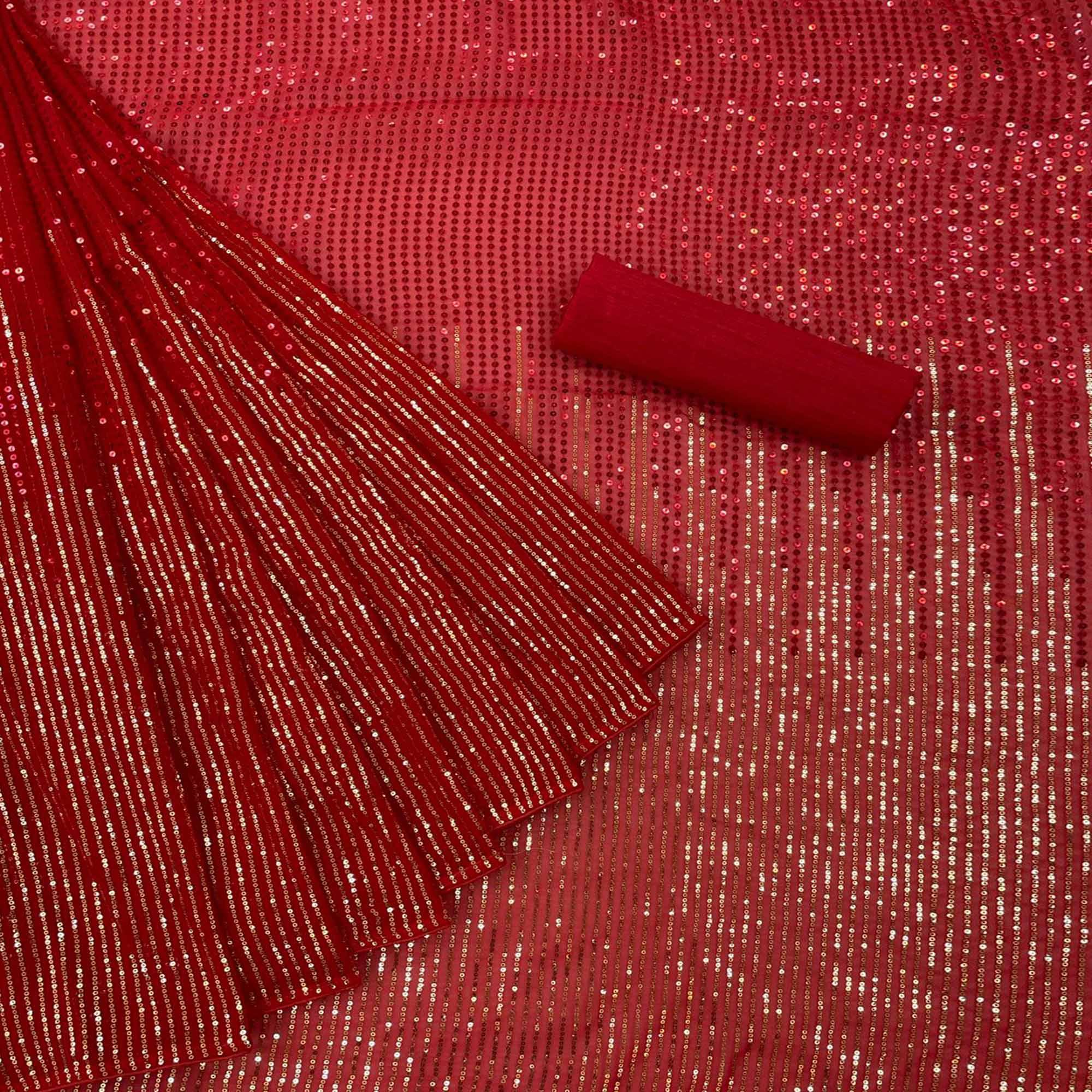 Red Partywear Sequence Embroidered Georgette Saree - Peachmode