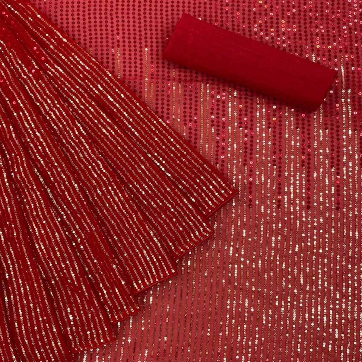 Red Partywear Sequence Embroidered Georgette Saree - Peachmode