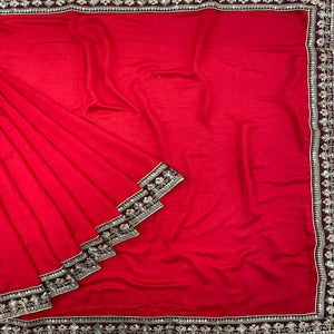 Red Partywear Sequence Embroidered Lace Silk Saree - Peachmode