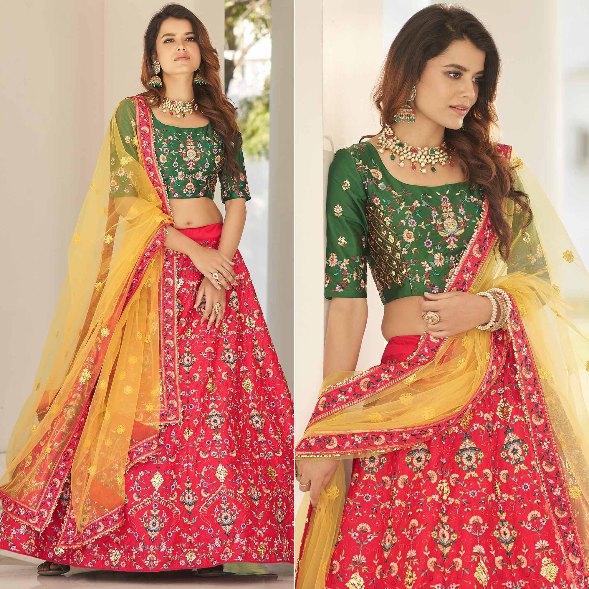Red Partywear Sequence Embroidered Silk Lehenga Choli - Peachmode