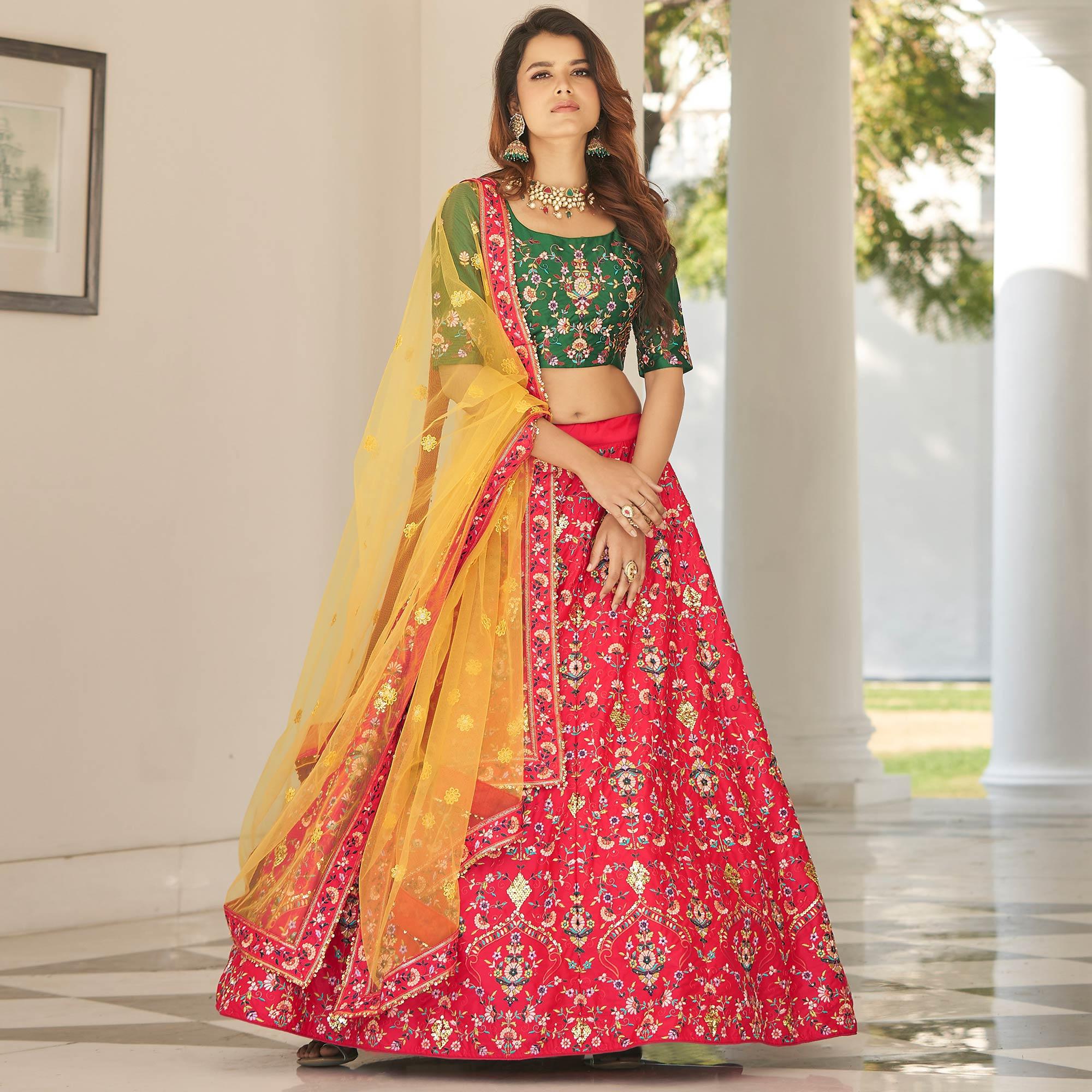 Red Partywear Sequence Embroidered Silk Lehenga Choli - Peachmode