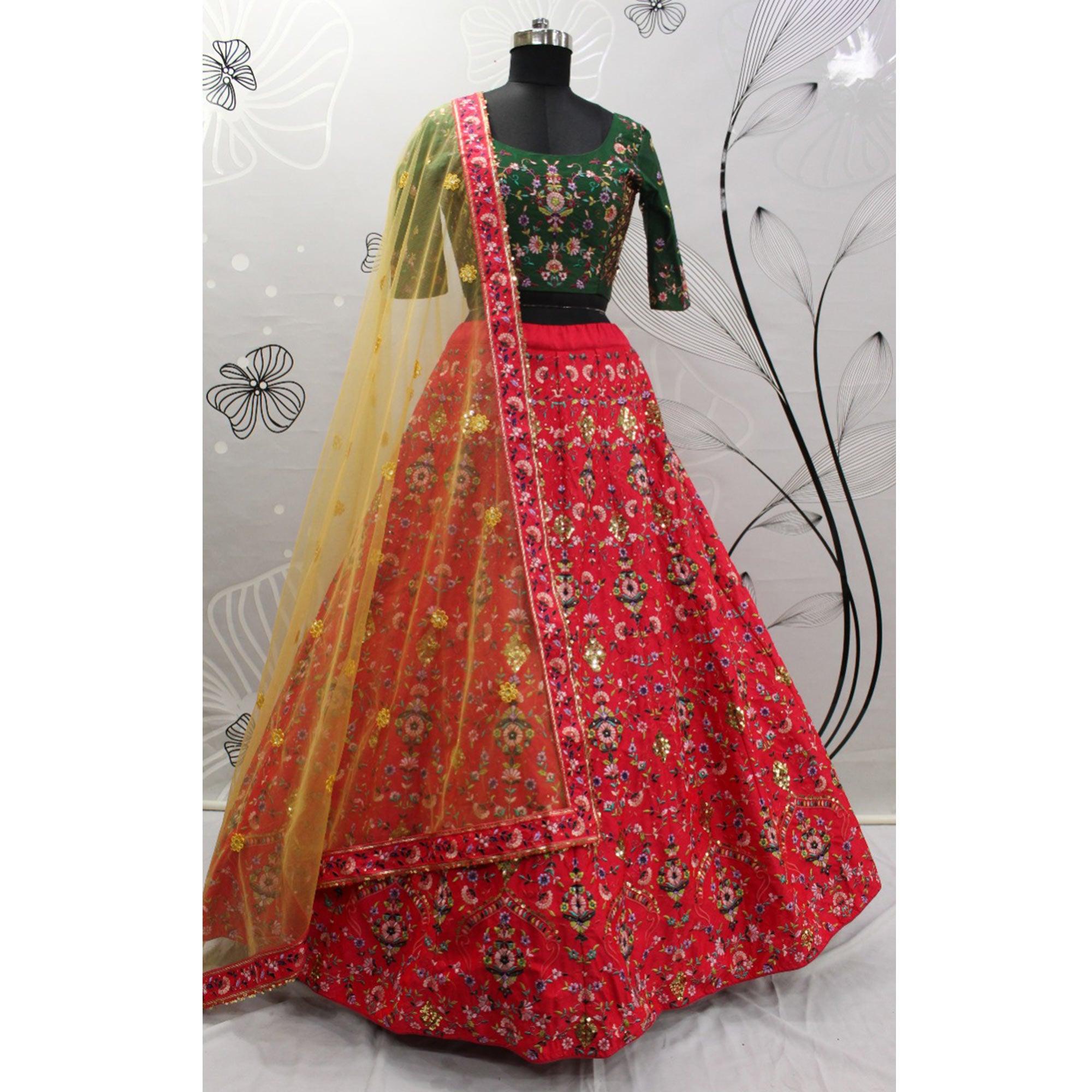Red Partywear Sequence Embroidered Silk Lehenga Choli - Peachmode
