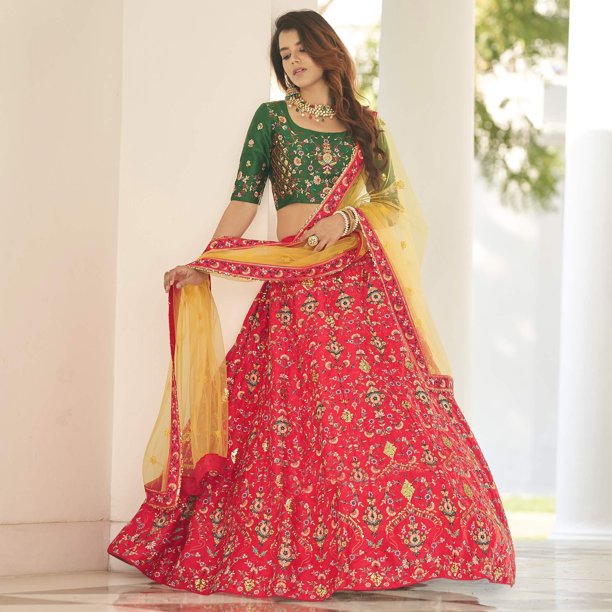 Red Partywear Sequence Embroidered Silk Lehenga Choli - Peachmode