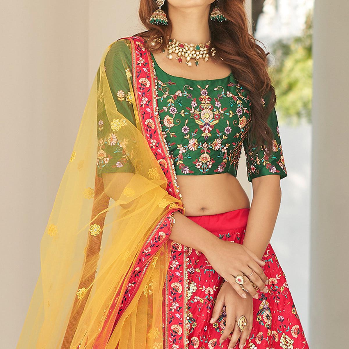 Red Partywear Sequence Embroidered Silk Lehenga Choli - Peachmode