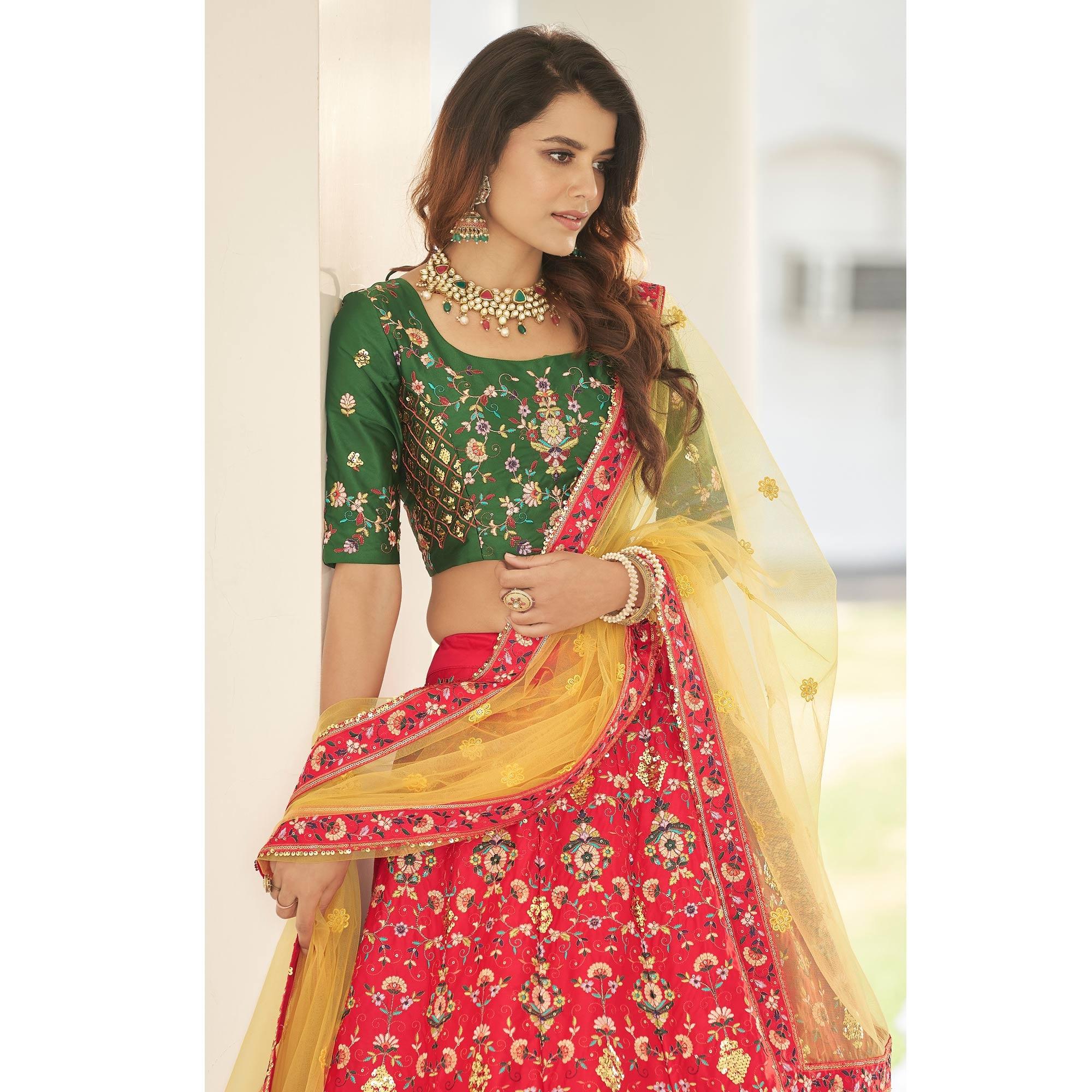 Red Partywear Sequence Embroidered Silk Lehenga Choli - Peachmode