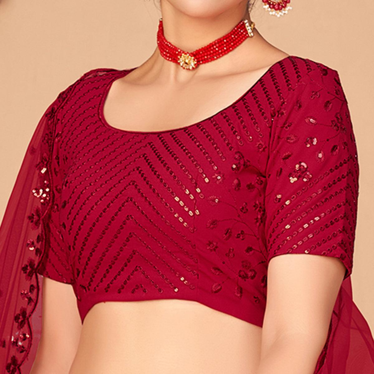 Red Partywear Thread With Sequence Floral Embroidered Georgette Lehenga Choli - Peachmode