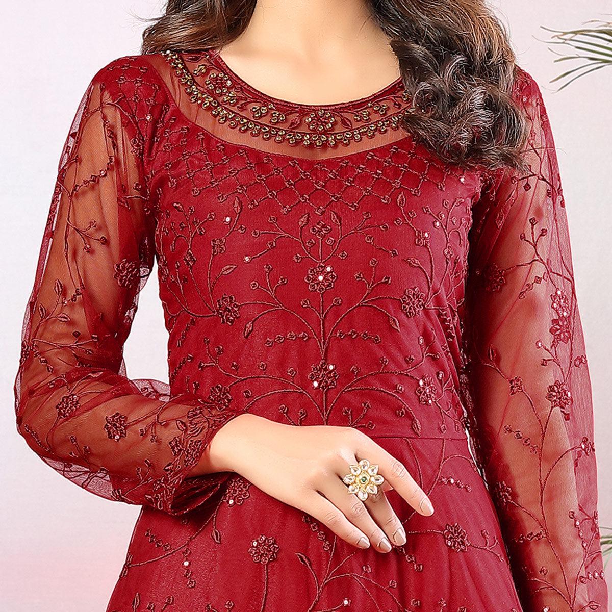 Red Partywear Tone to Tone Thread and Sequence Work Net Semi Stitched Anarkali Suit - Peachmode