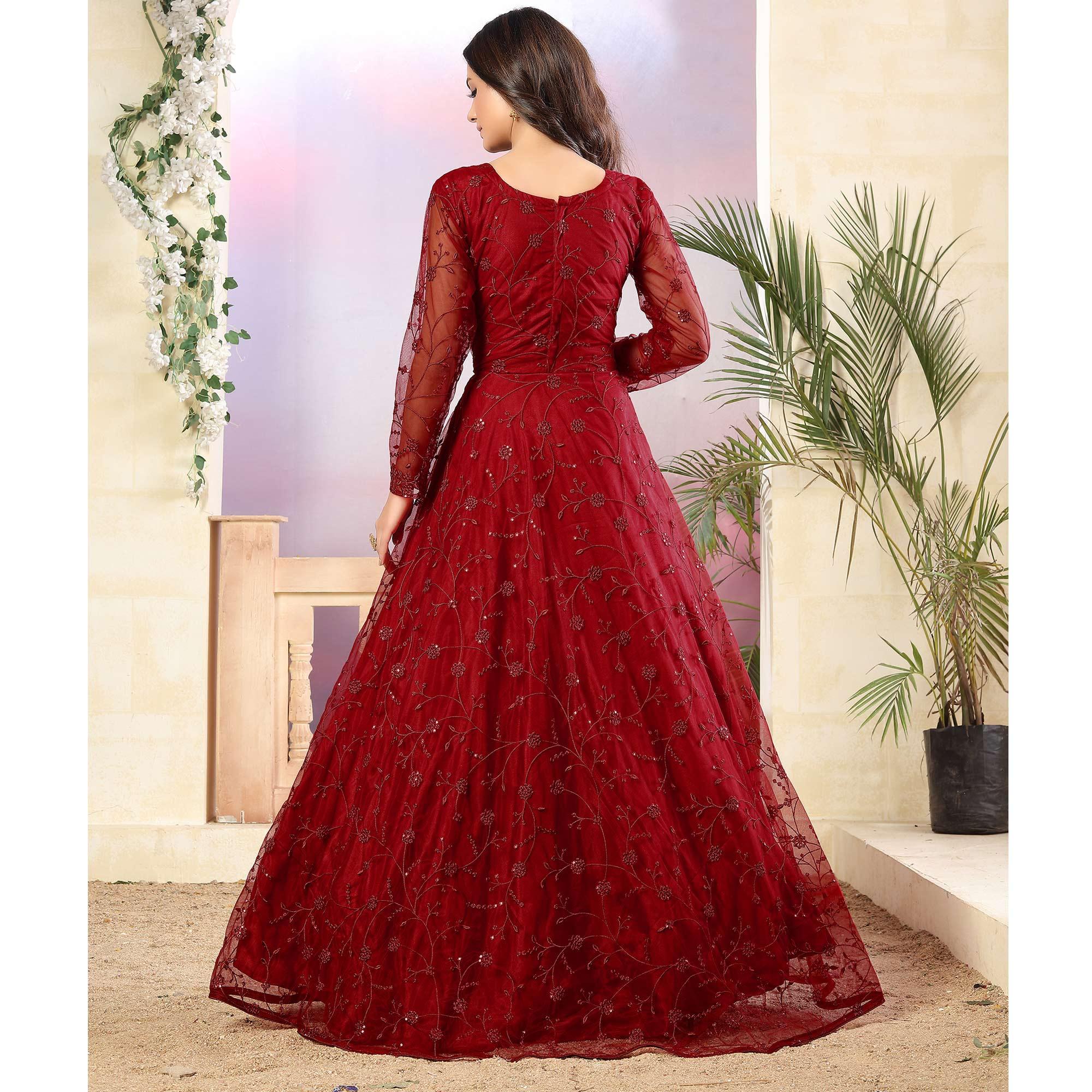 Red Partywear Tone to Tone Thread and Sequence Work Net Semi Stitched Anarkali Suit - Peachmode