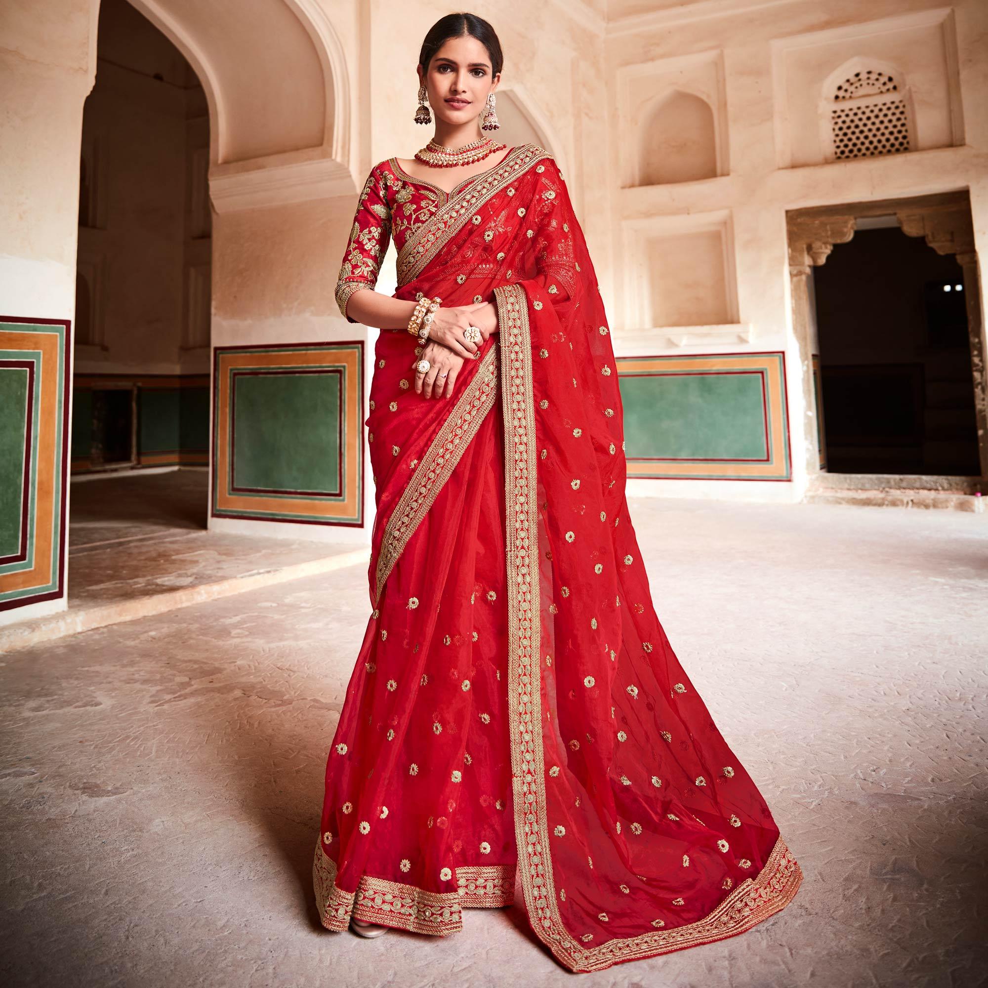 Red Partywear Zari Sequence Organza Saree - Peachmode