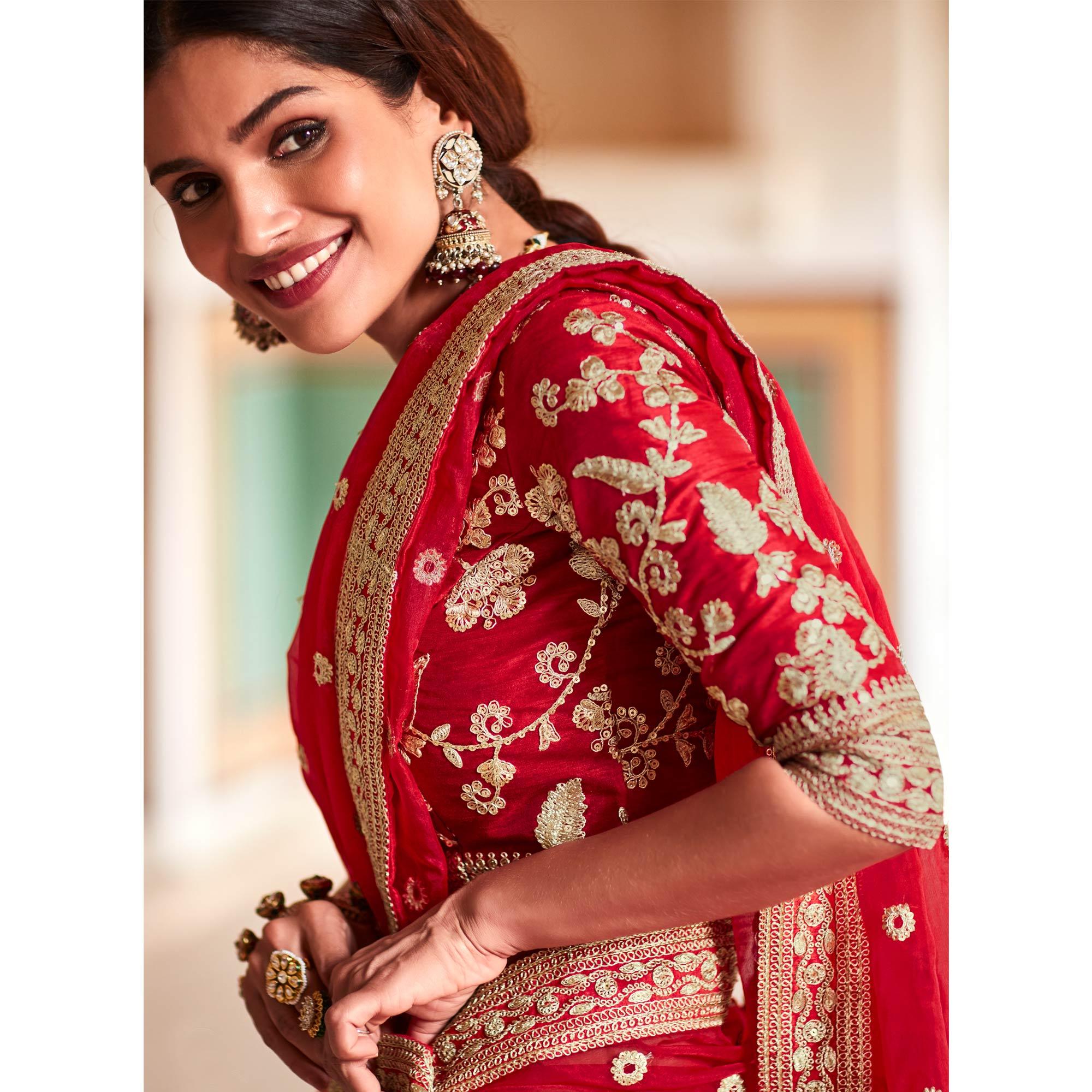 Red Partywear Zari Sequence Organza Saree - Peachmode