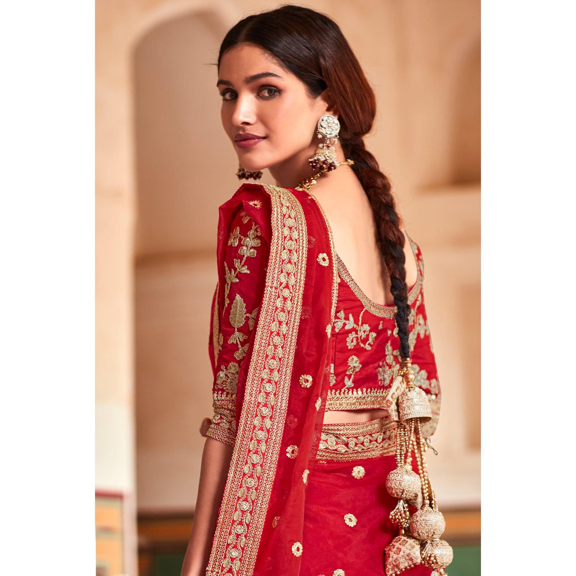 Red Partywear Zari Sequence Organza Saree - Peachmode