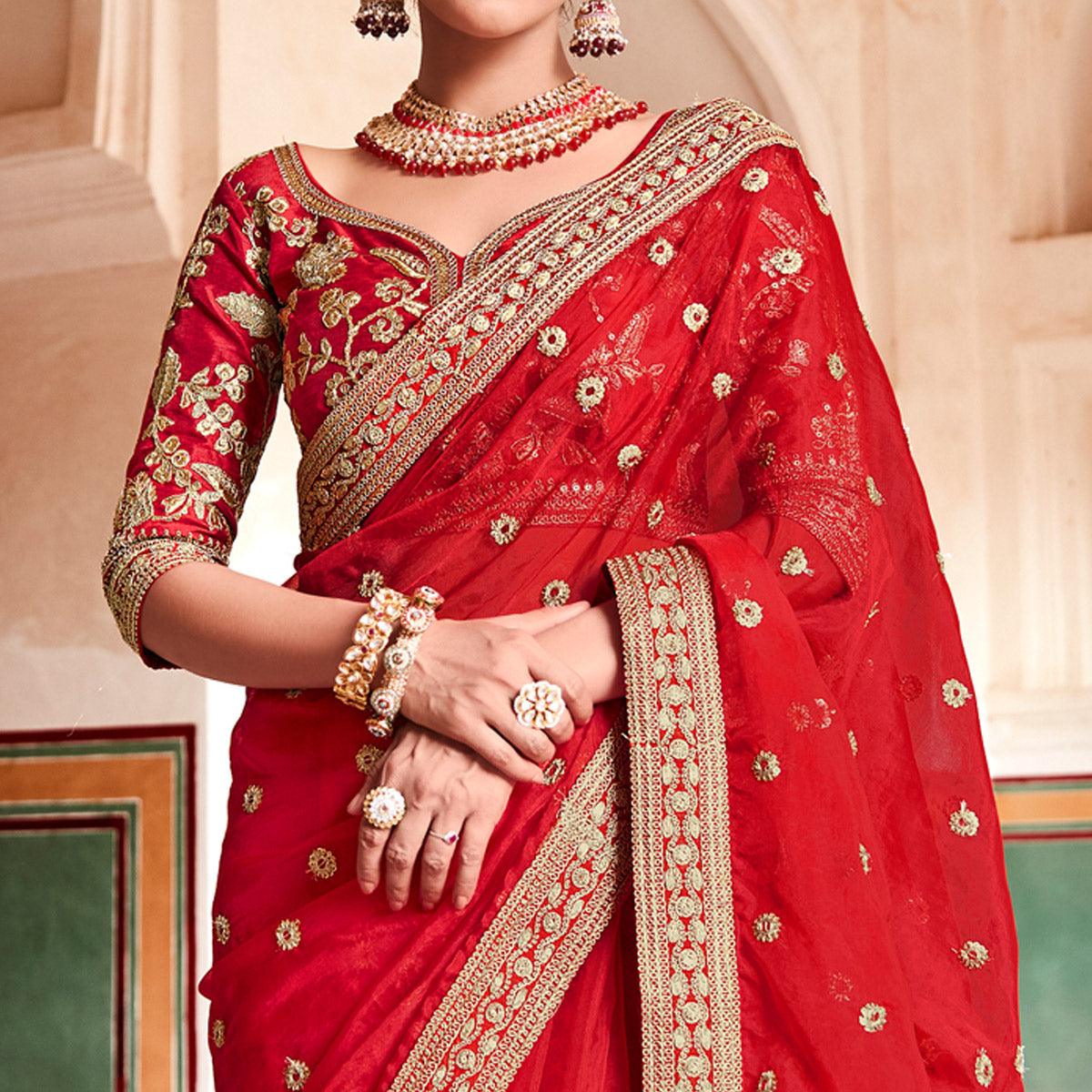 Red Partywear Zari Sequence Organza Saree - Peachmode