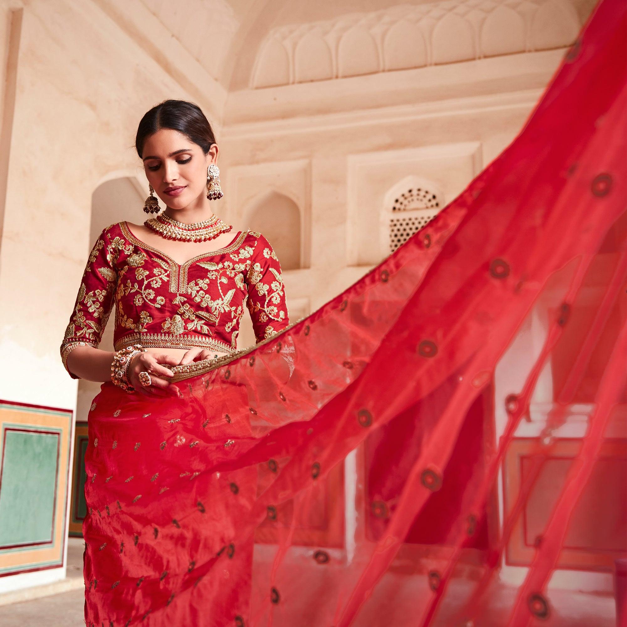 Red Partywear Zari Sequence Organza Saree - Peachmode