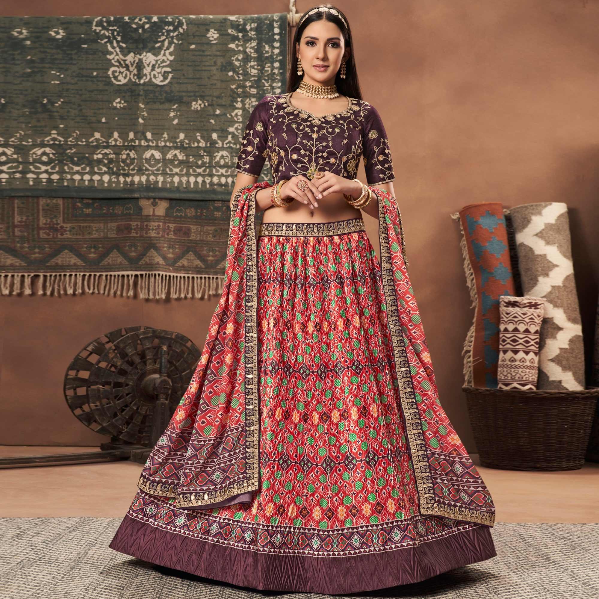 Red Patola Printed Art Silk Lehenga Choli - Peachmode