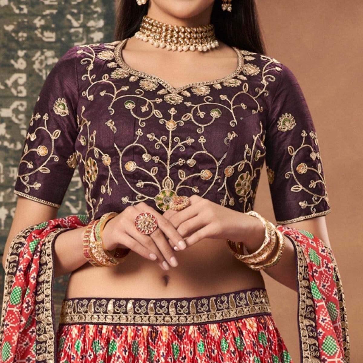 Red Patola Printed Art Silk Lehenga Choli - Peachmode