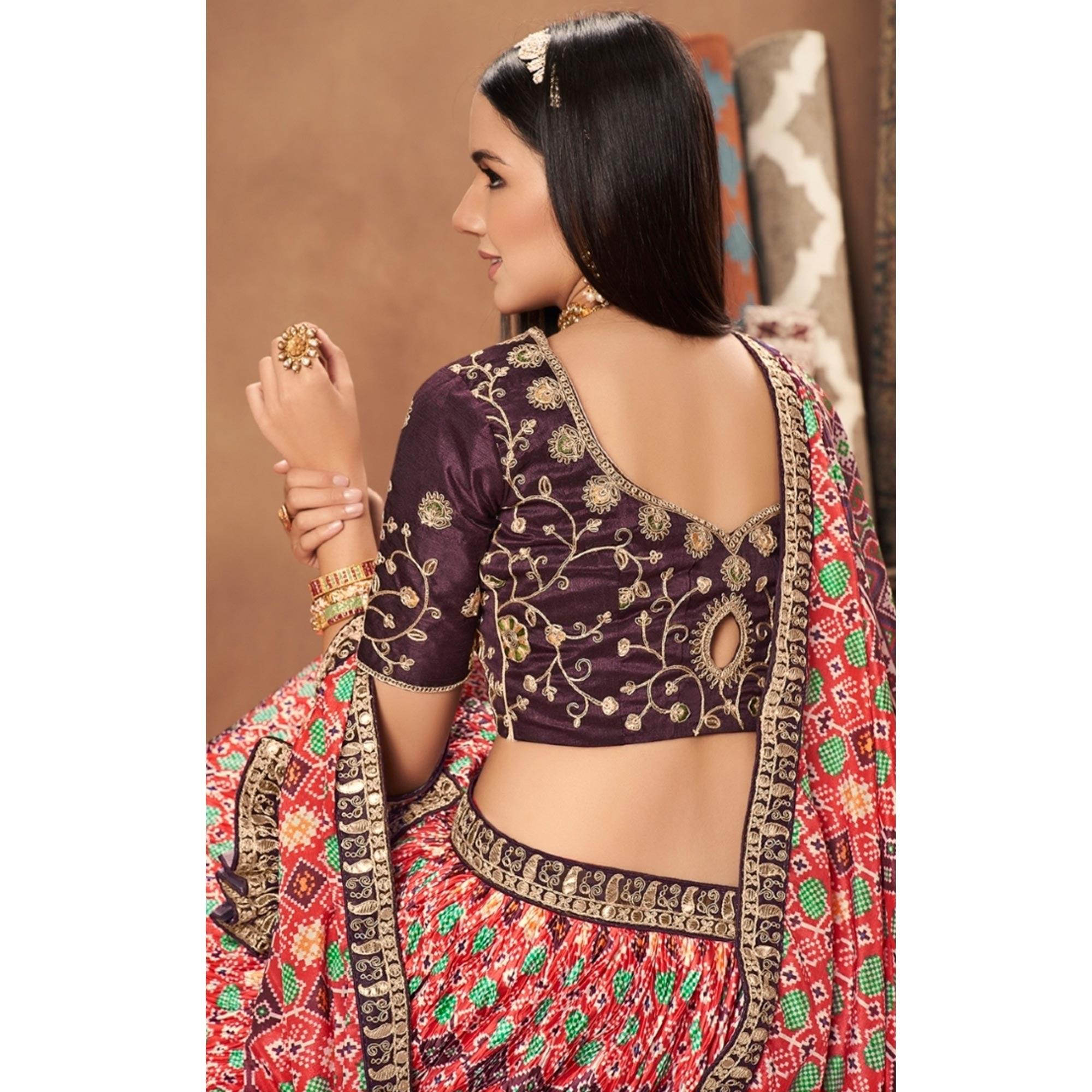 Red Patola Printed Art Silk Lehenga Choli - Peachmode