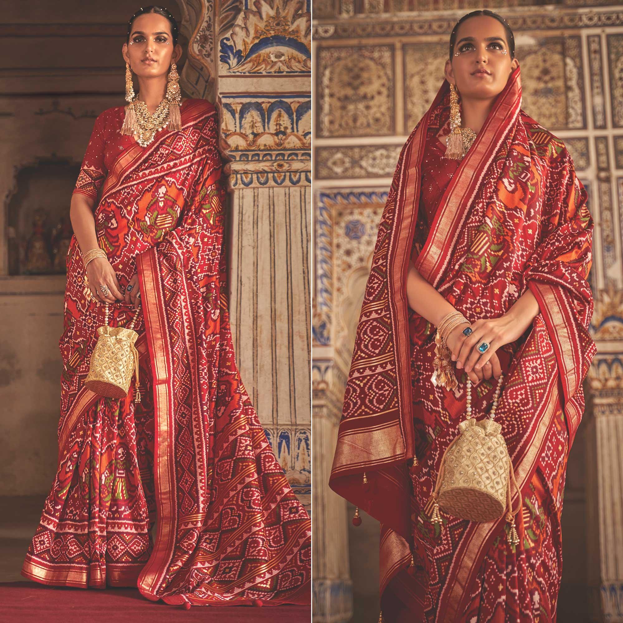 Red Patola Printed Art Silk Saree - Peachmode