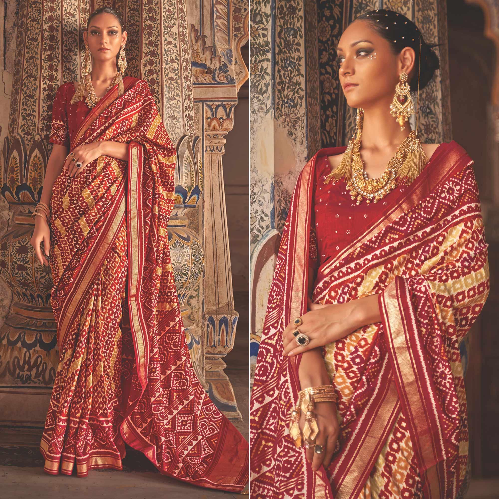 Red Patola Printed Art Silk Saree - Peachmode
