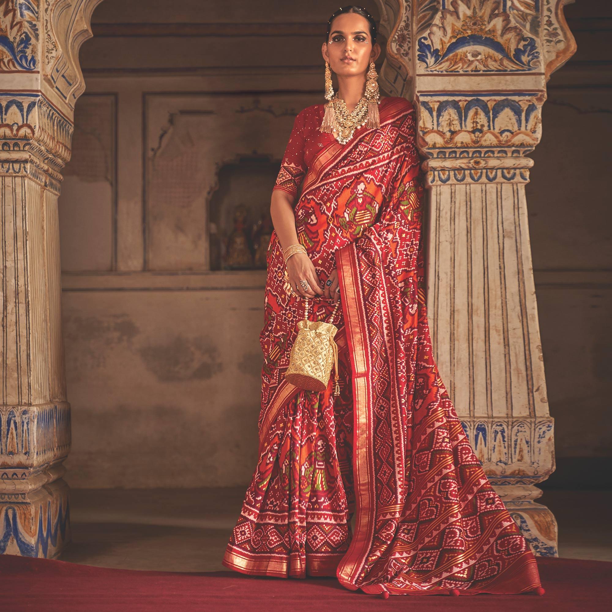 Red Patola Printed Art Silk Saree - Peachmode