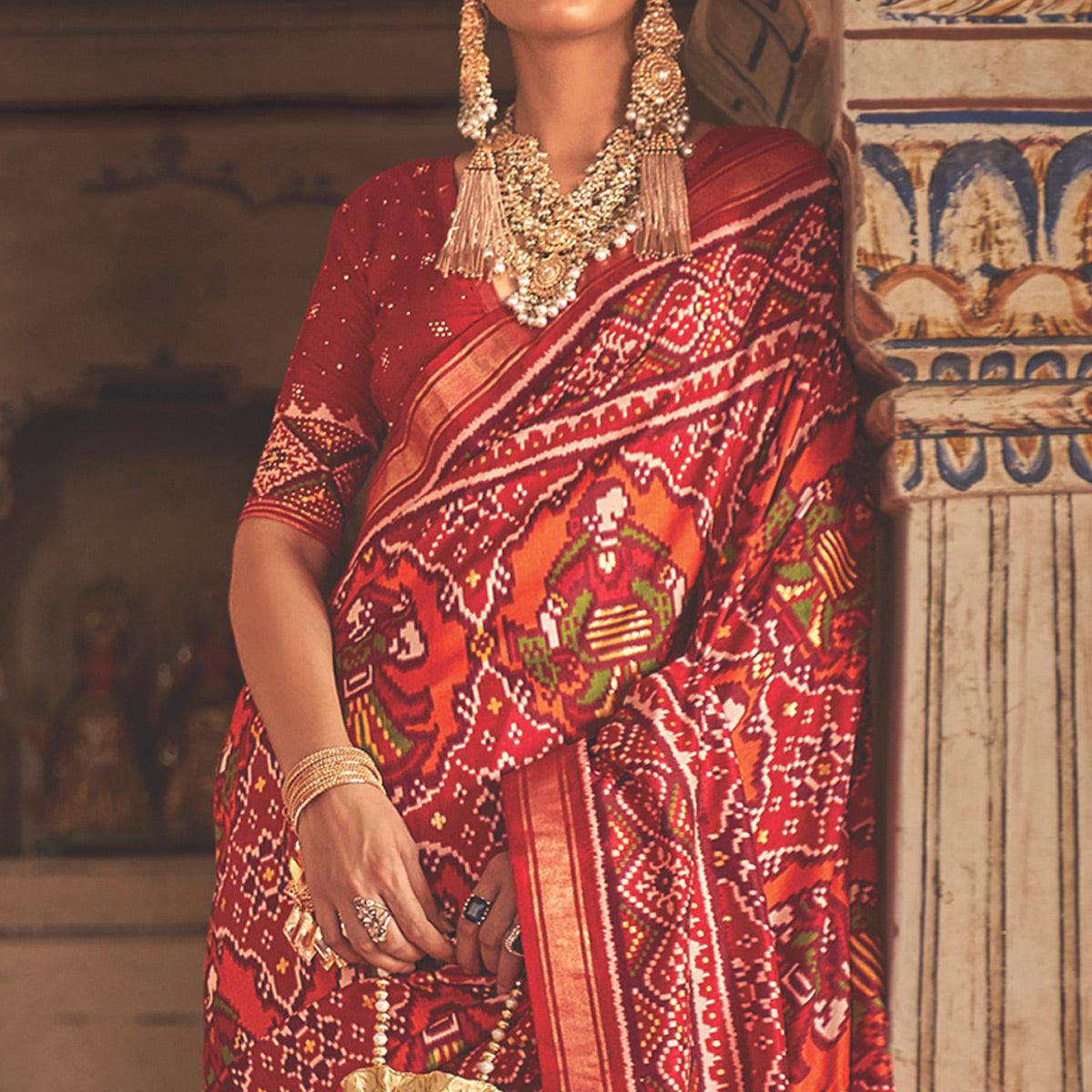 Red Patola Printed Art Silk Saree - Peachmode