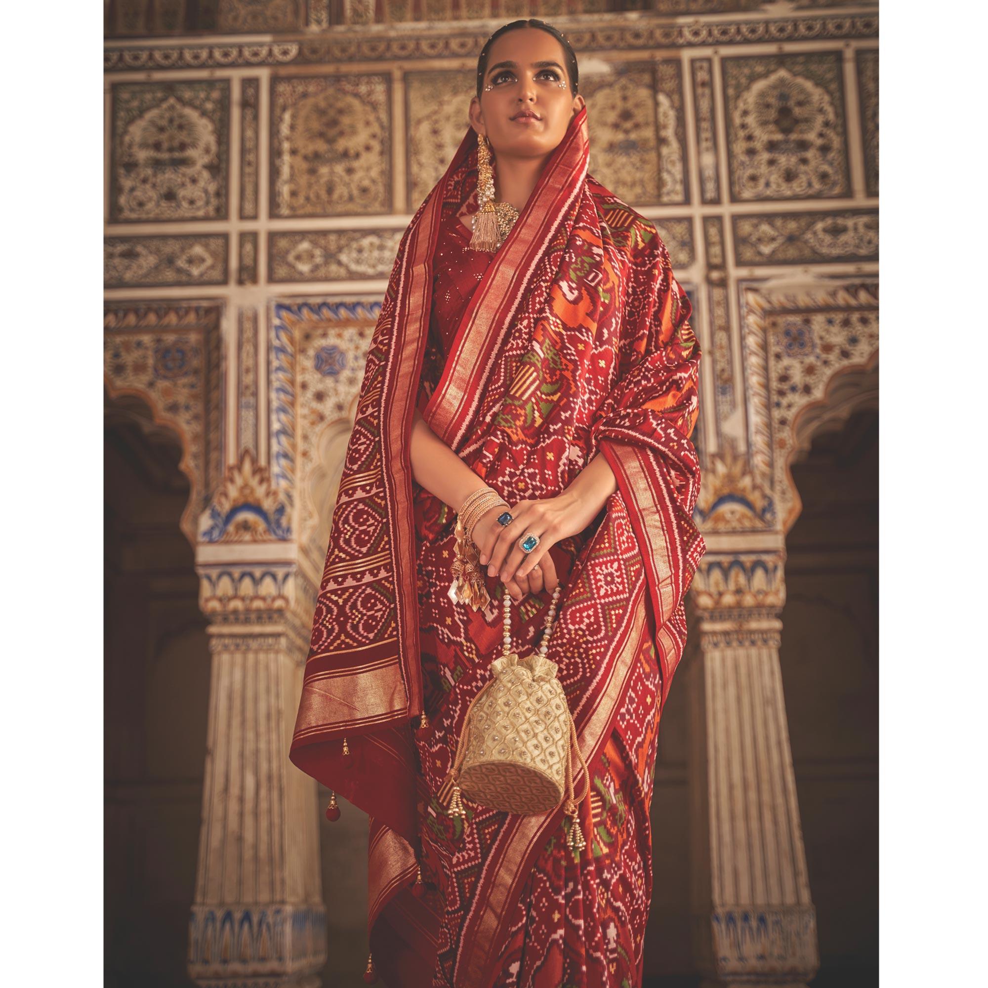 Red Patola Printed Art Silk Saree - Peachmode