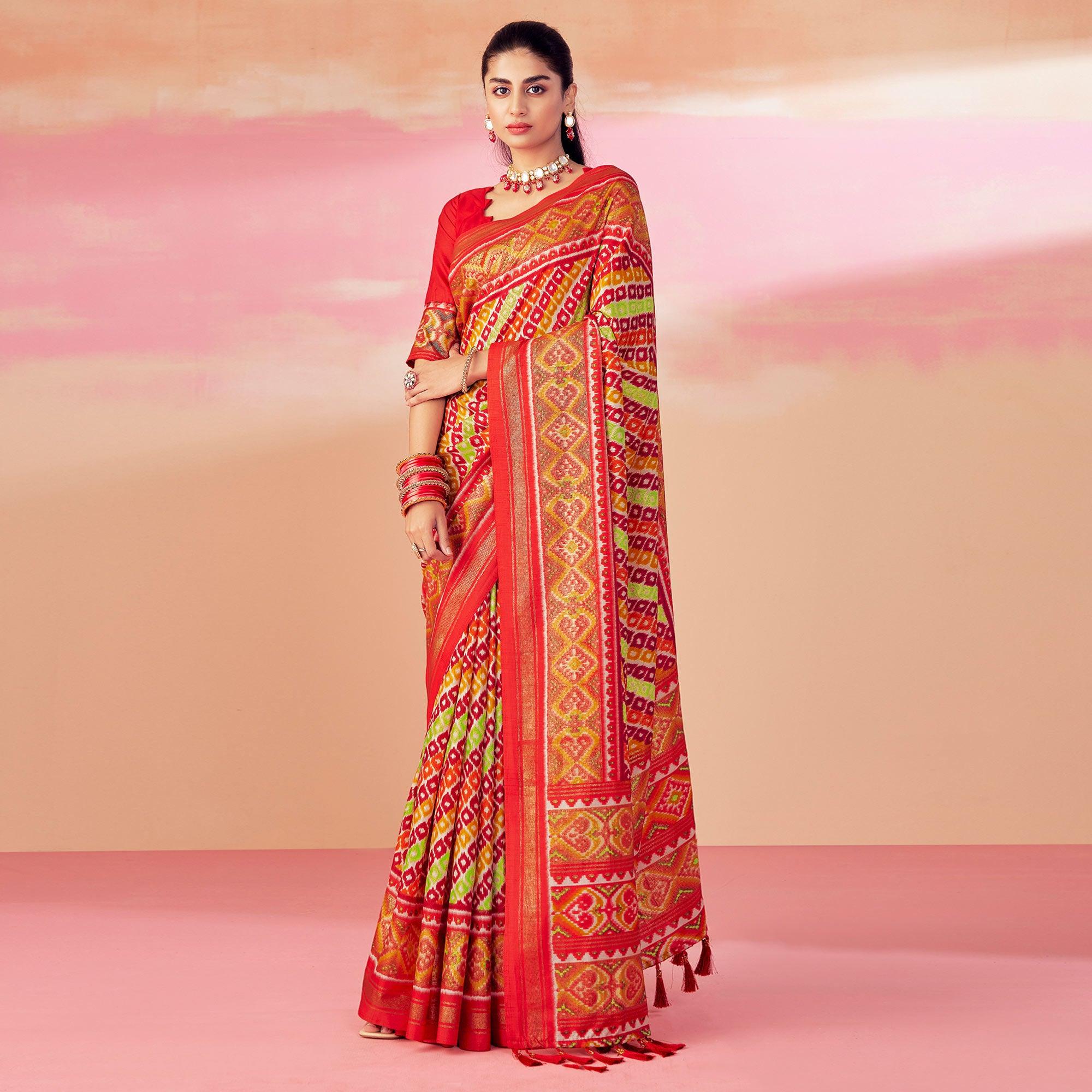 Red Patola Printed Art Silk Saree With Tassels - Peachmode