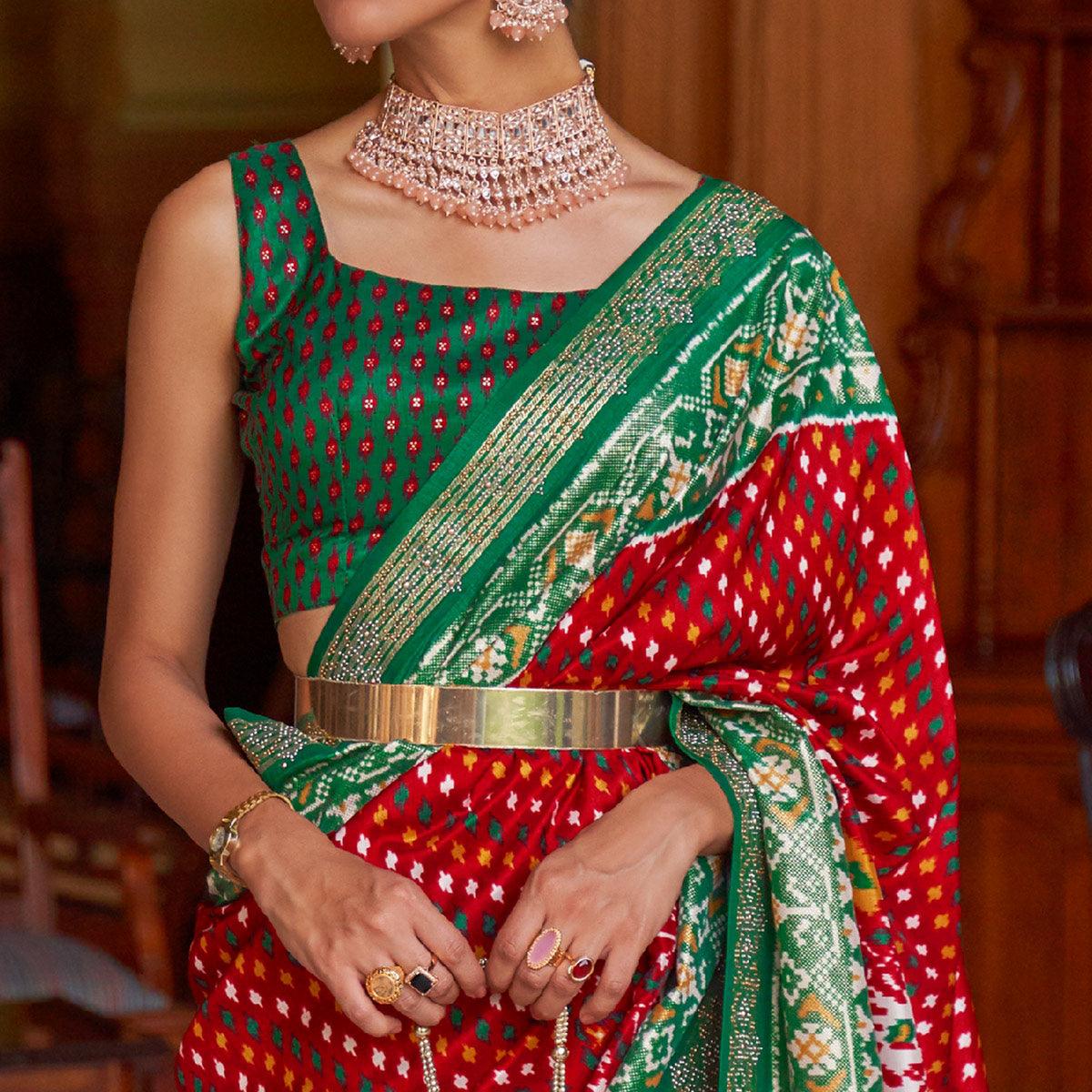 Red Patola Printed Art Silk Saree With Tassels - Peachmode