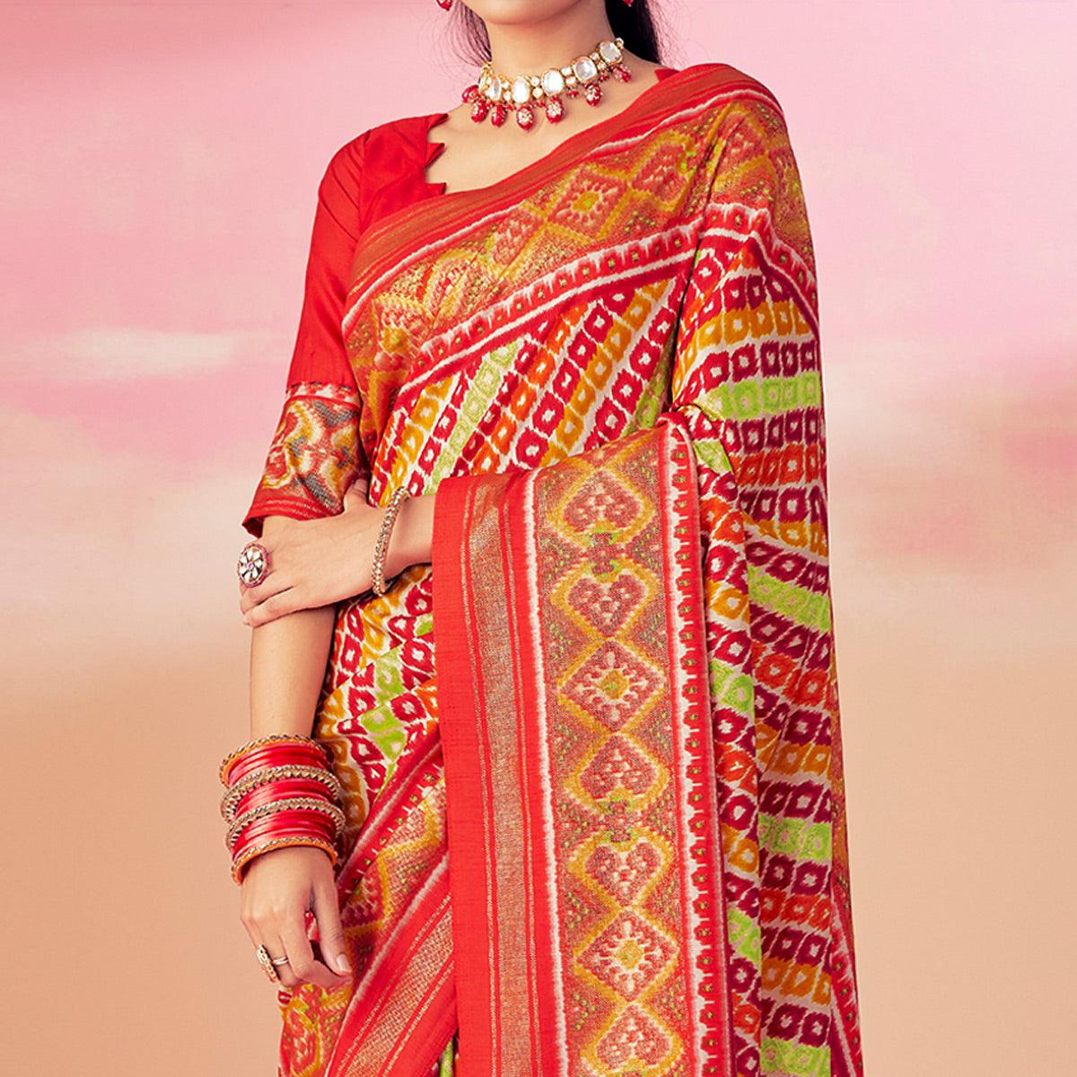 Red Patola Printed Art Silk Saree With Tassels - Peachmode