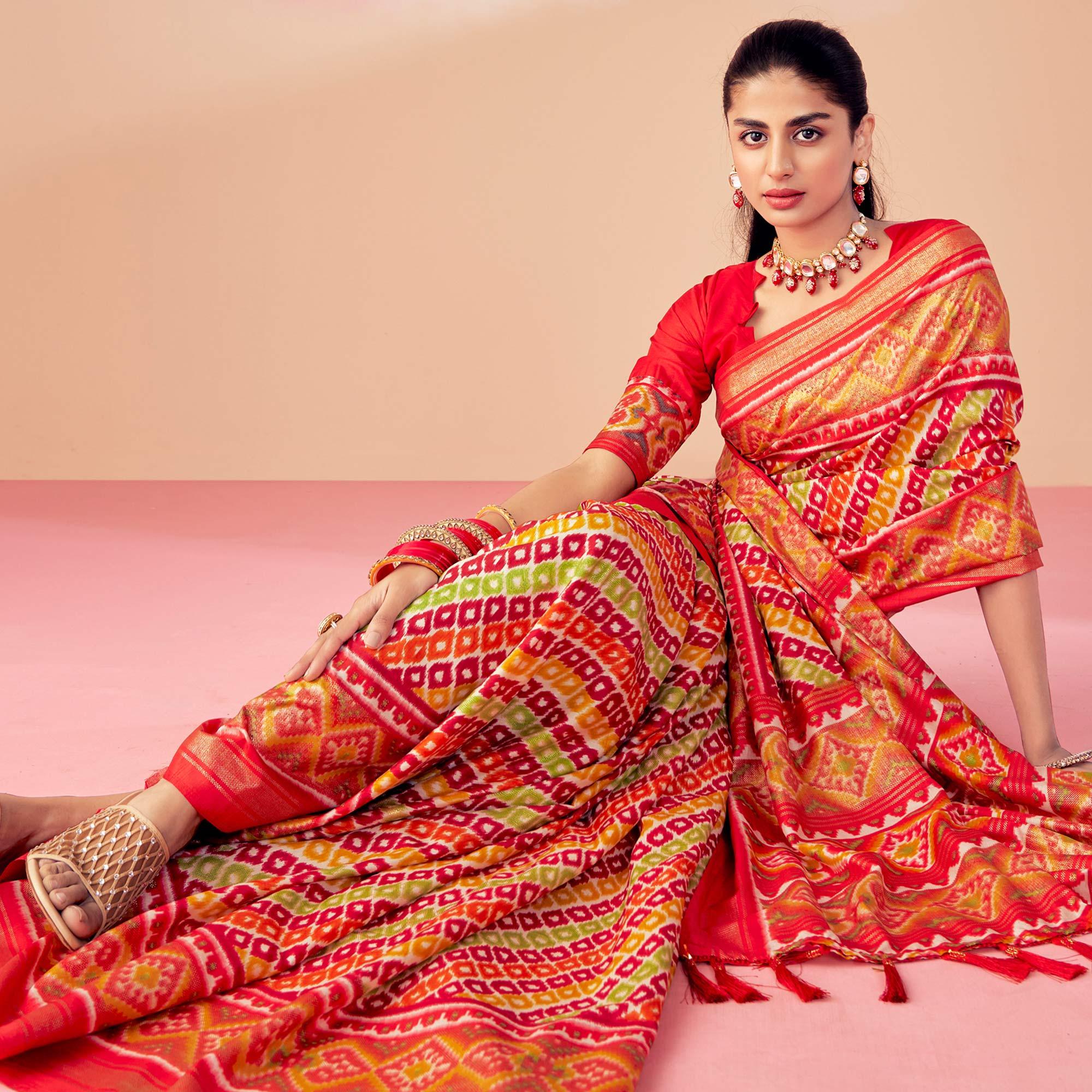 Red Patola Printed Art Silk Saree With Tassels - Peachmode
