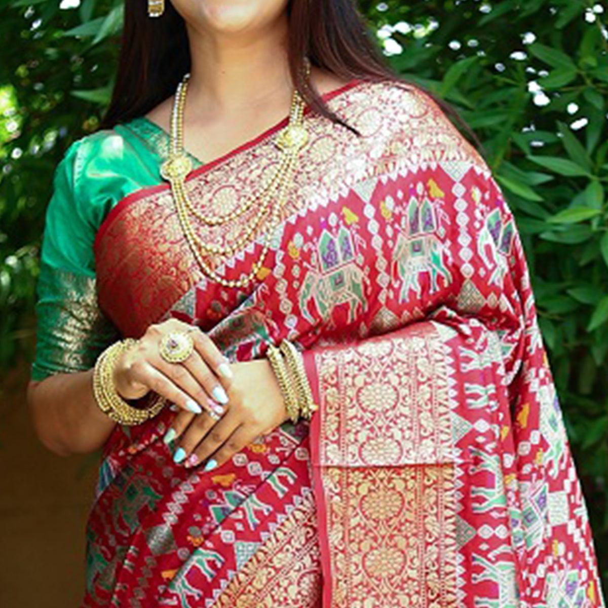 Red Patola Printed Silk Saree - Peachmode