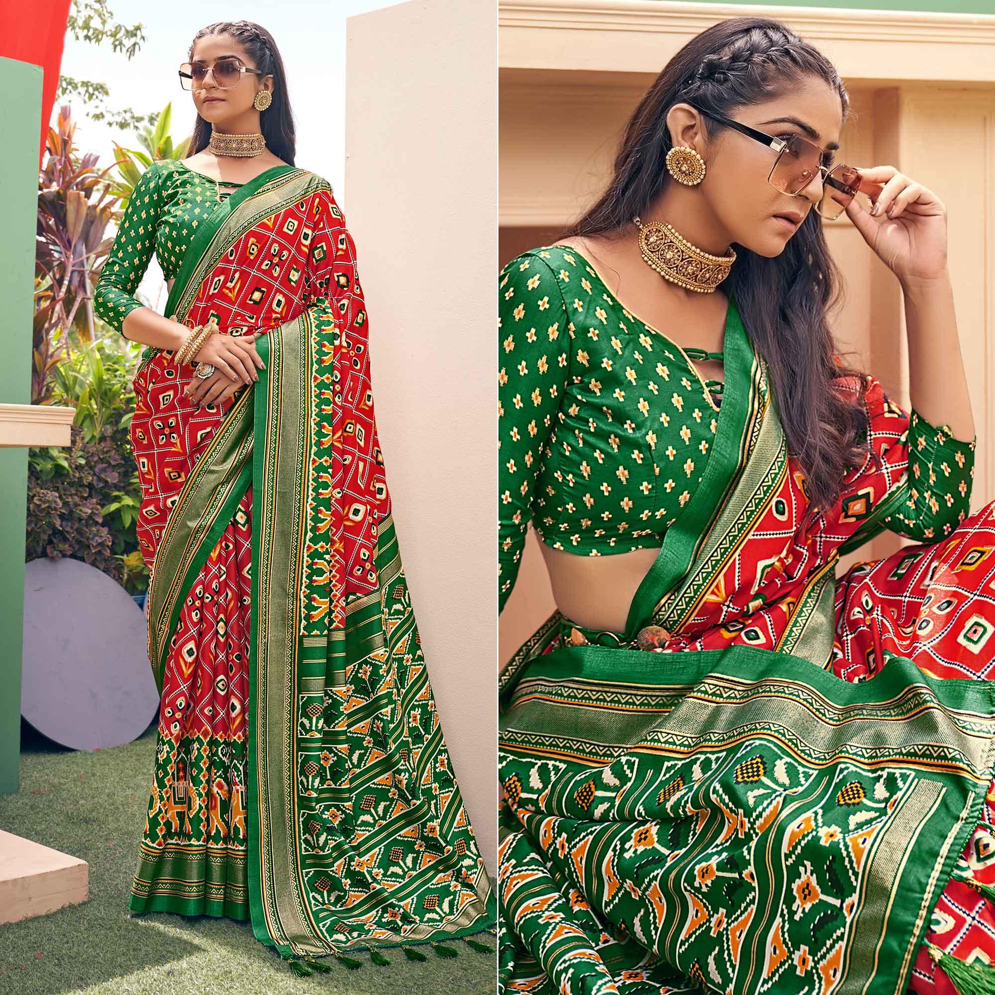 Red Patola Printed Silk Saree With Tassels - Peachmode