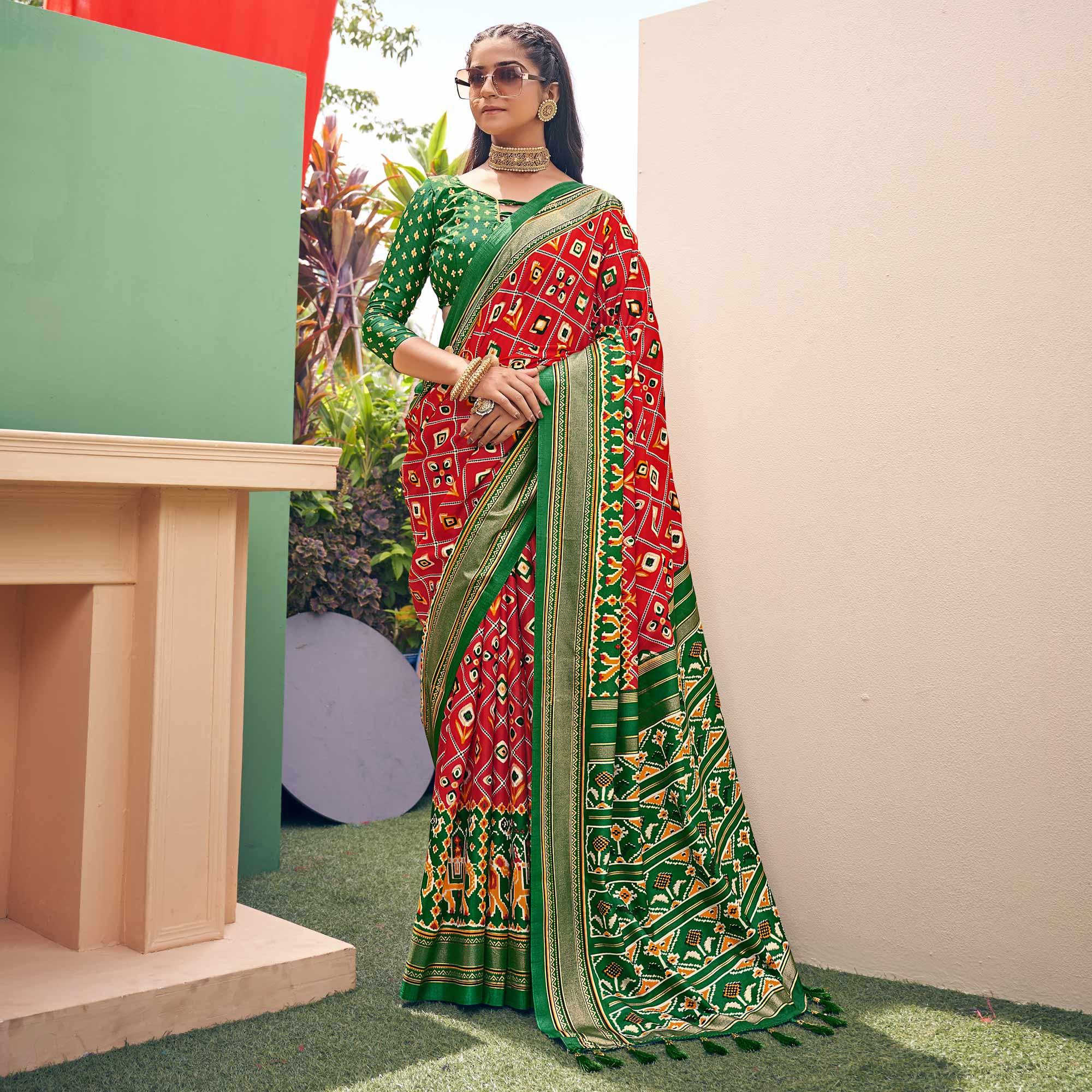 Red Patola Printed Silk Saree With Tassels - Peachmode