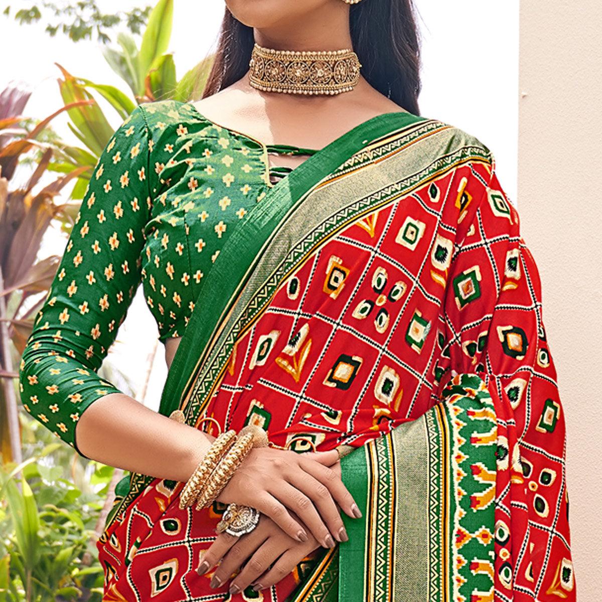 Red Patola Printed Silk Saree With Tassels - Peachmode