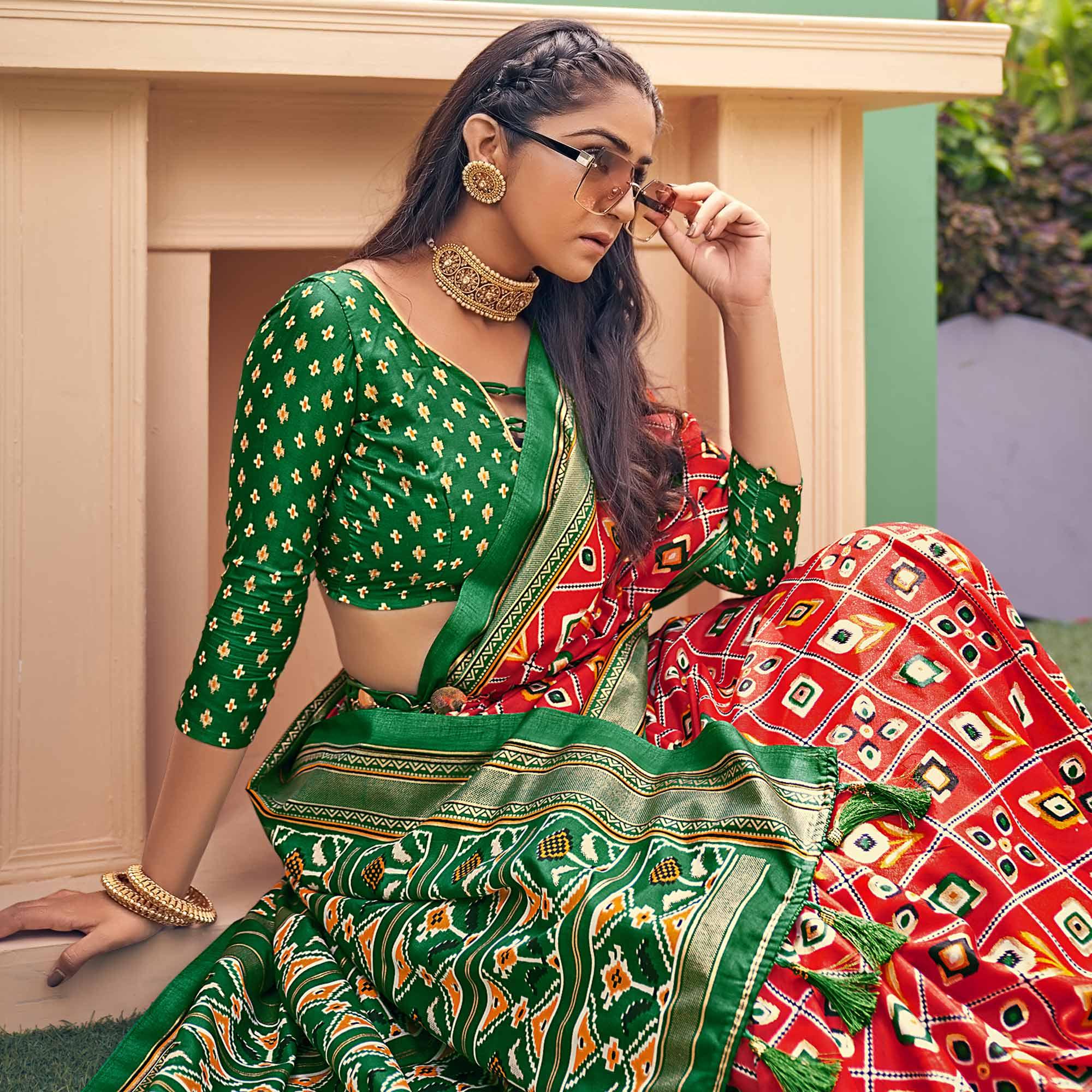 Red Patola Printed Silk Saree With Tassels - Peachmode