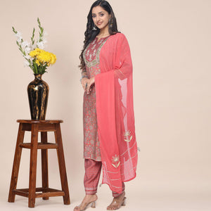 Red Patywear Floral Embroidered Cotton Silk Kurti Pant Set With Dupatta - Peachmode