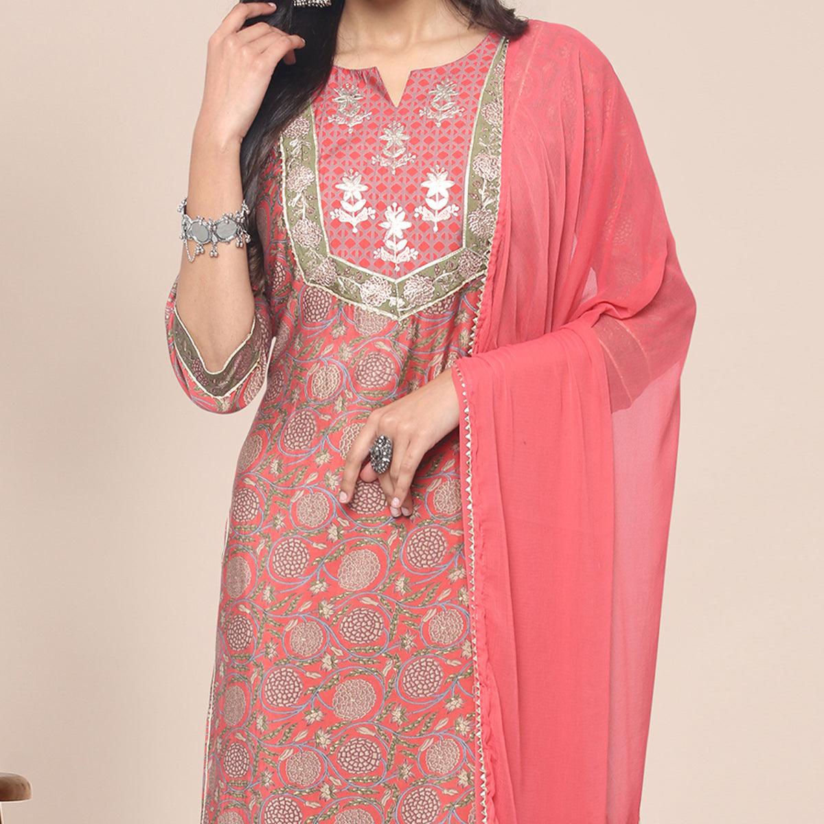 Red Patywear Floral Embroidered Cotton Silk Kurti Pant Set With Dupatta - Peachmode