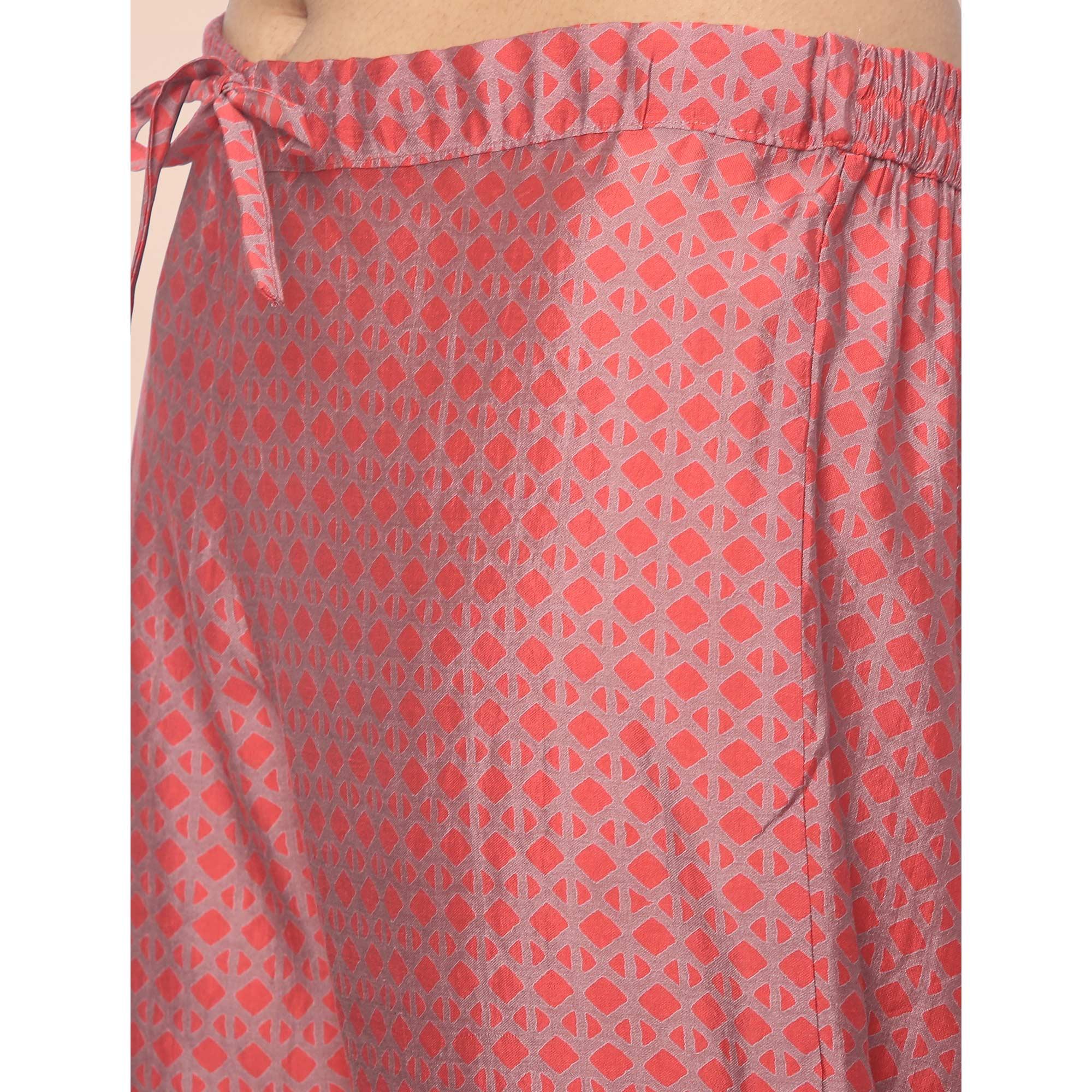 Red Patywear Floral Embroidered Cotton Silk Kurti Pant Set With Dupatta - Peachmode