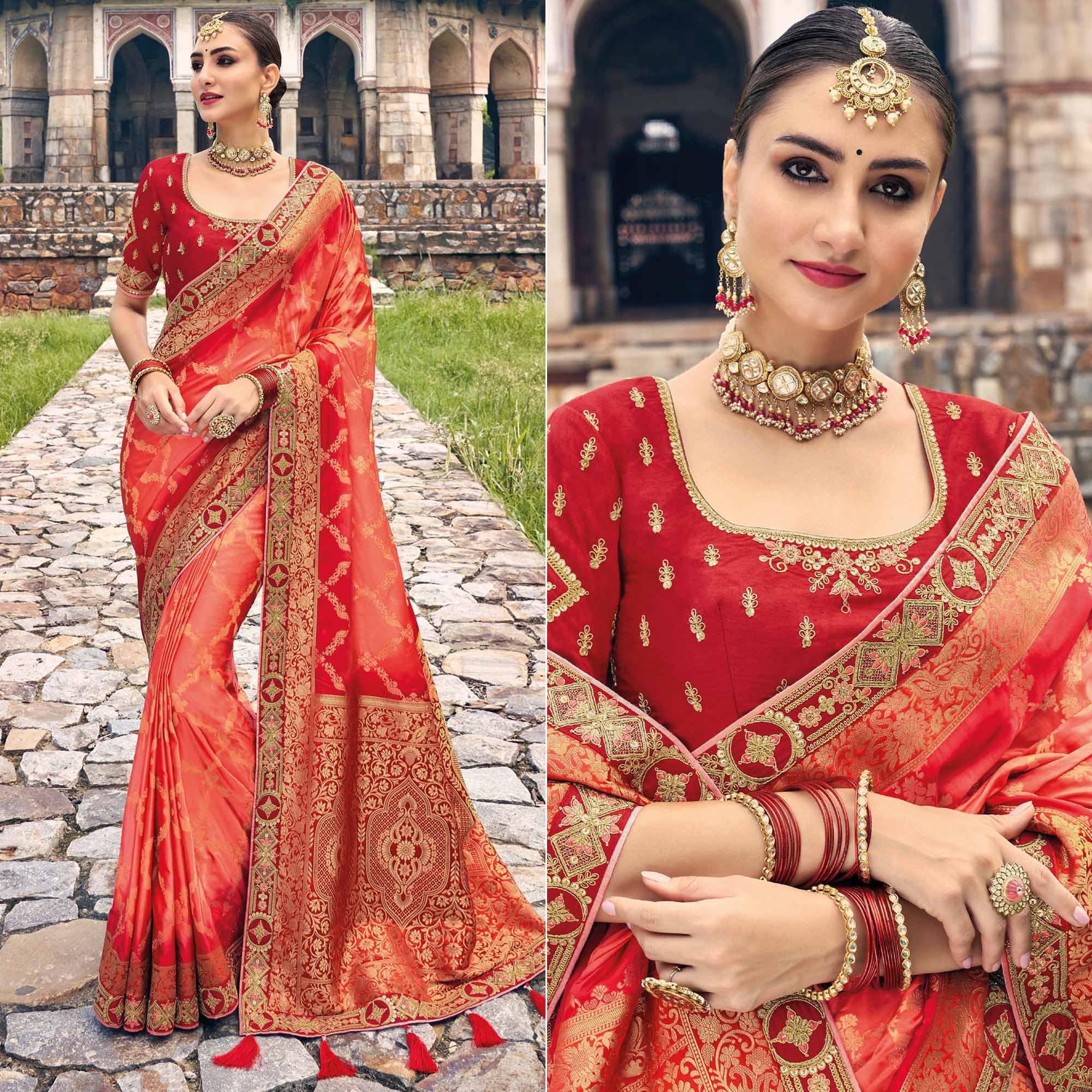 Red-Peach Woven Banarasi Silk Saree With Tassels - Peachmode