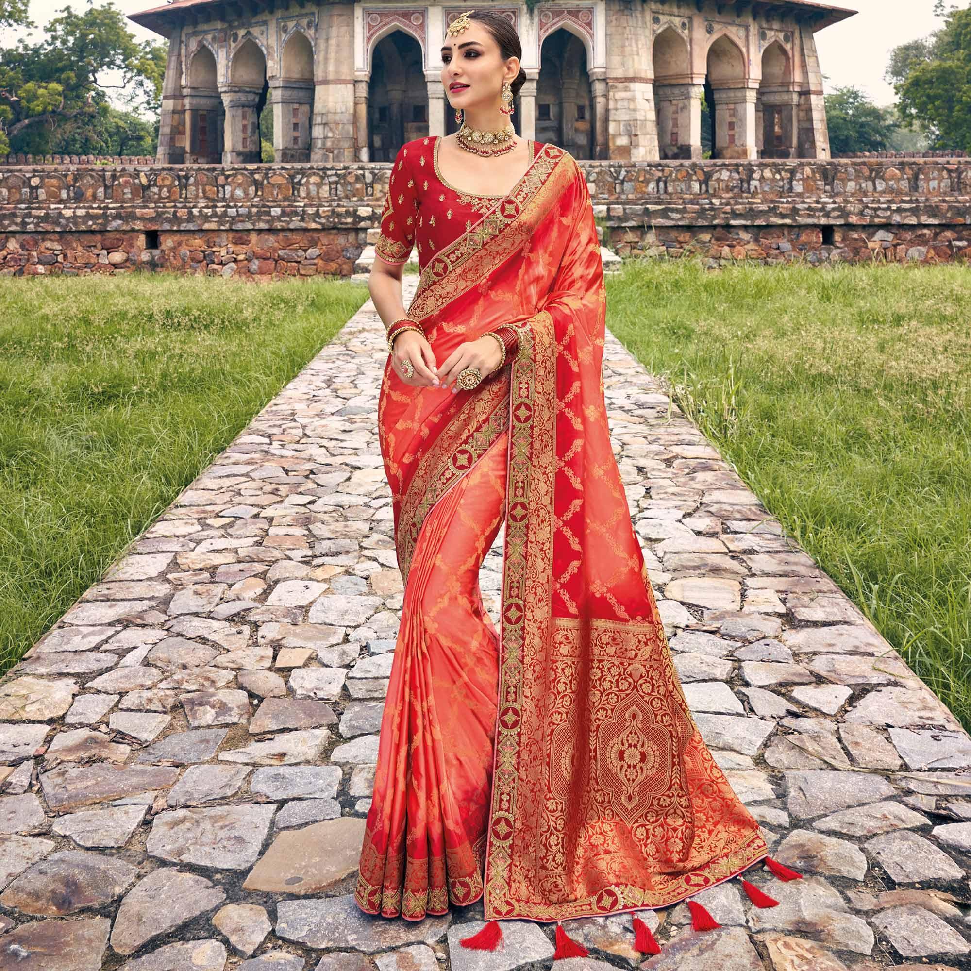 Red-Peach Woven Banarasi Silk Saree With Tassels - Peachmode