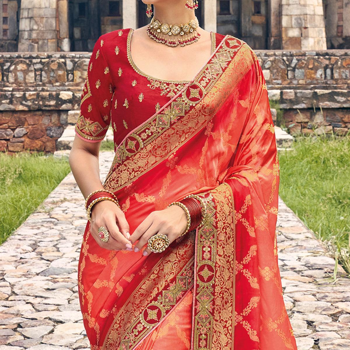 Red-Peach Woven Banarasi Silk Saree With Tassels - Peachmode