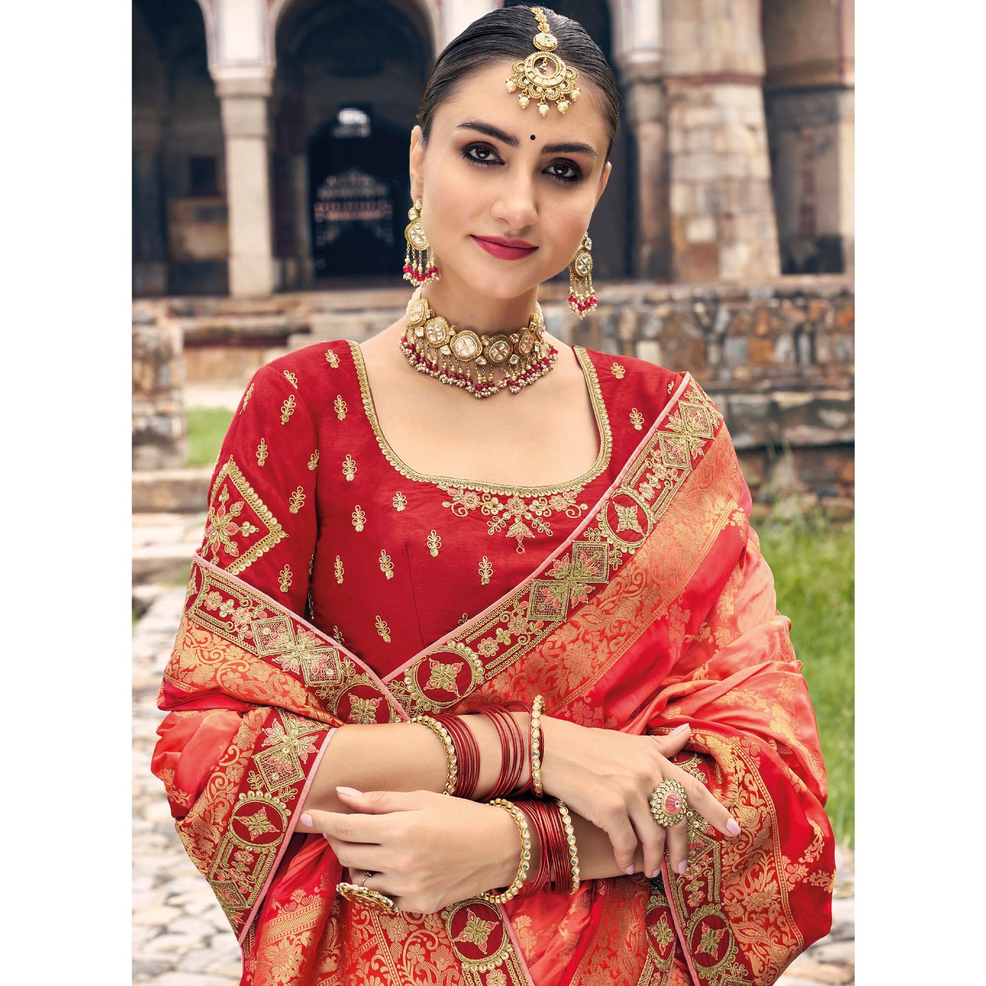 Red-Peach Woven Banarasi Silk Saree With Tassels - Peachmode