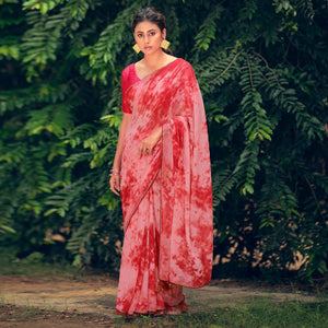 Red-Pink Festive Wear Crochet Work Georgette Saree - Peachmode