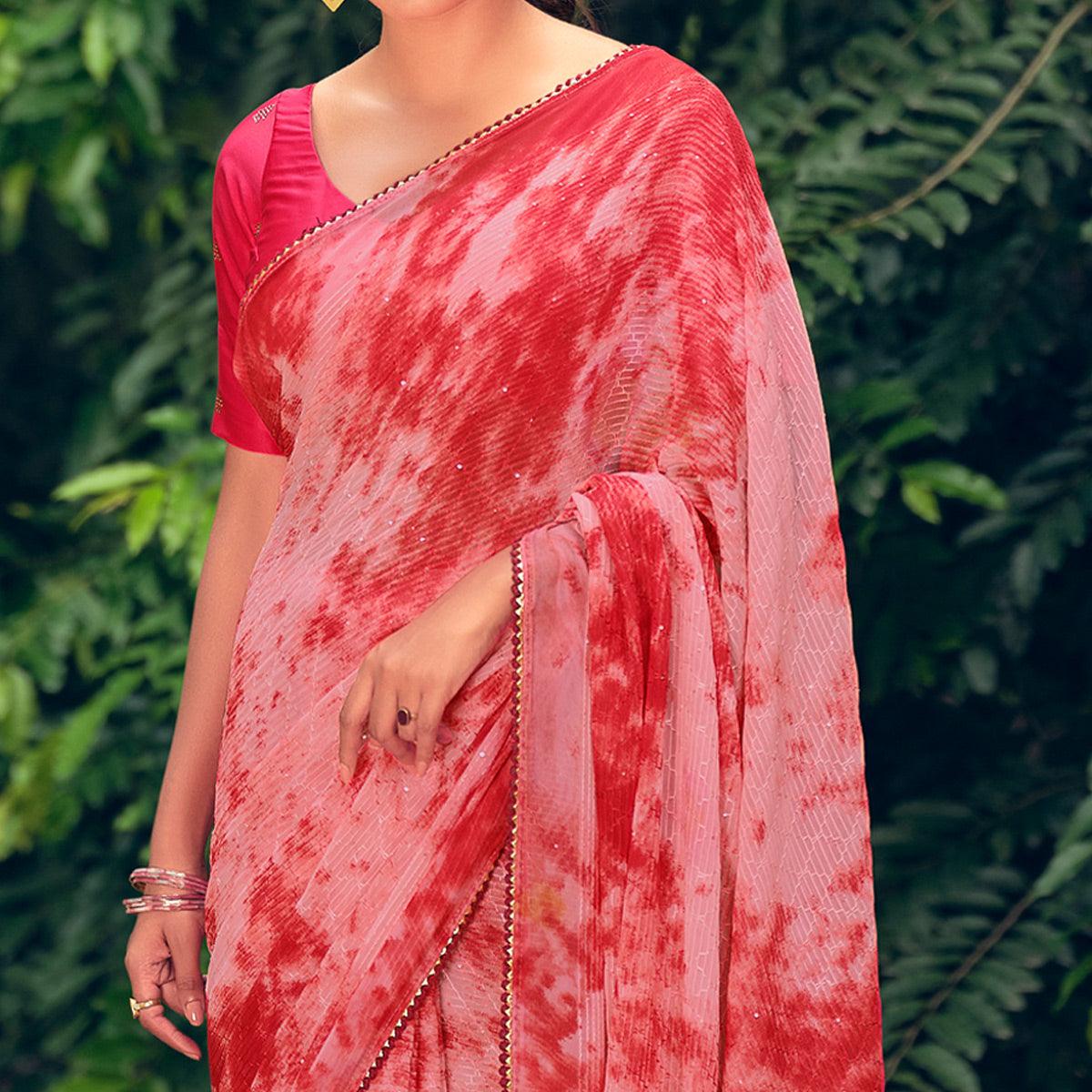 Red-Pink Festive Wear Crochet Work Georgette Saree - Peachmode