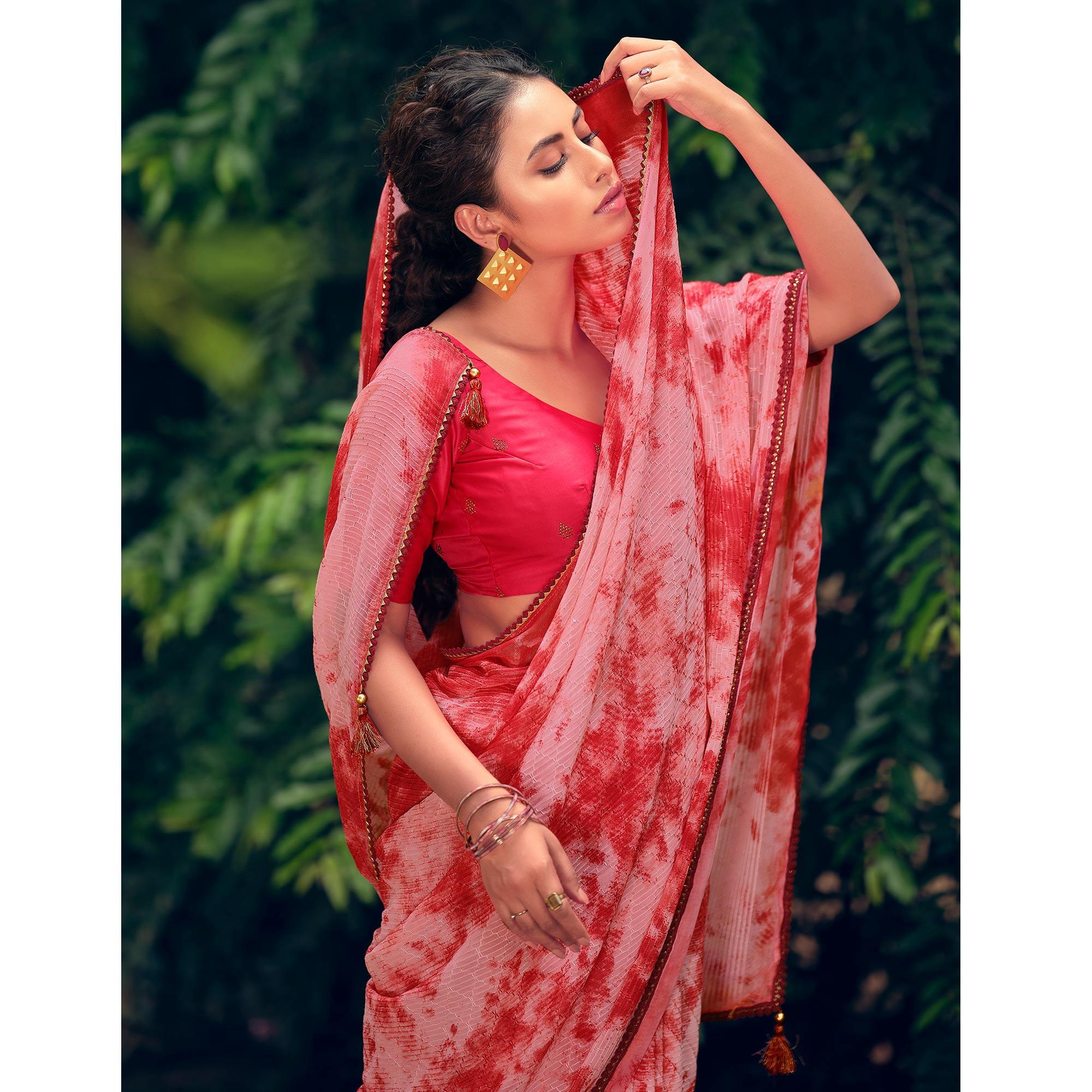 Red-Pink Festive Wear Crochet Work Georgette Saree - Peachmode