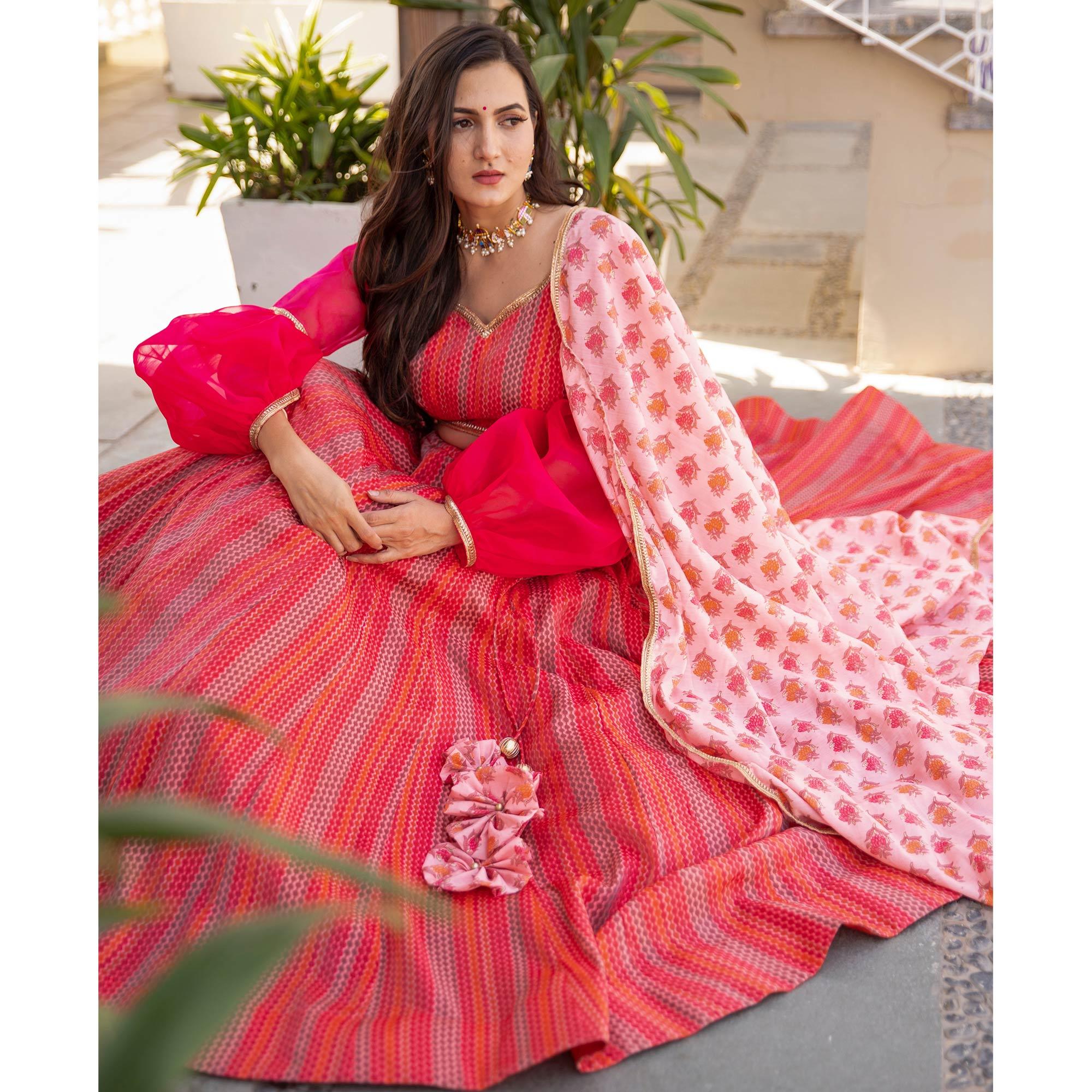 Red-Pink Wedding Wear Designer Chanderi Designer Lehenga Choli - Peachmode