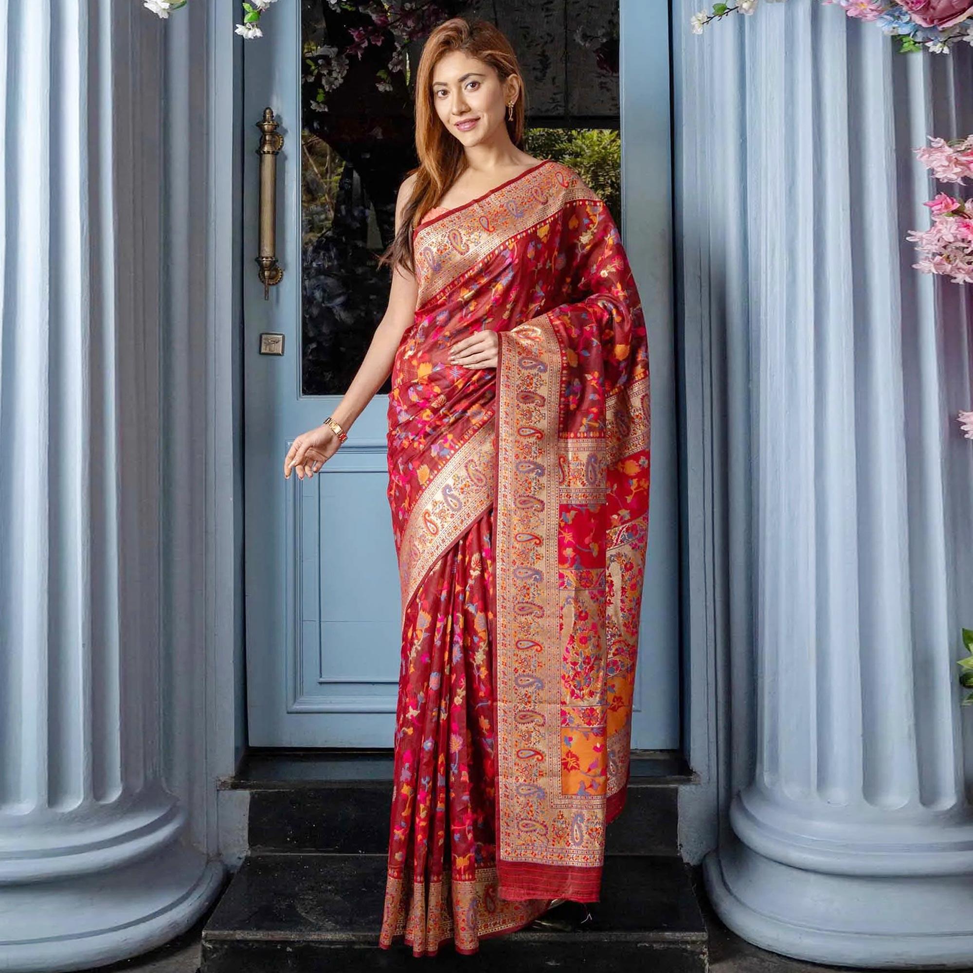 Red Printed Cotton Silk Saree - Peachmode